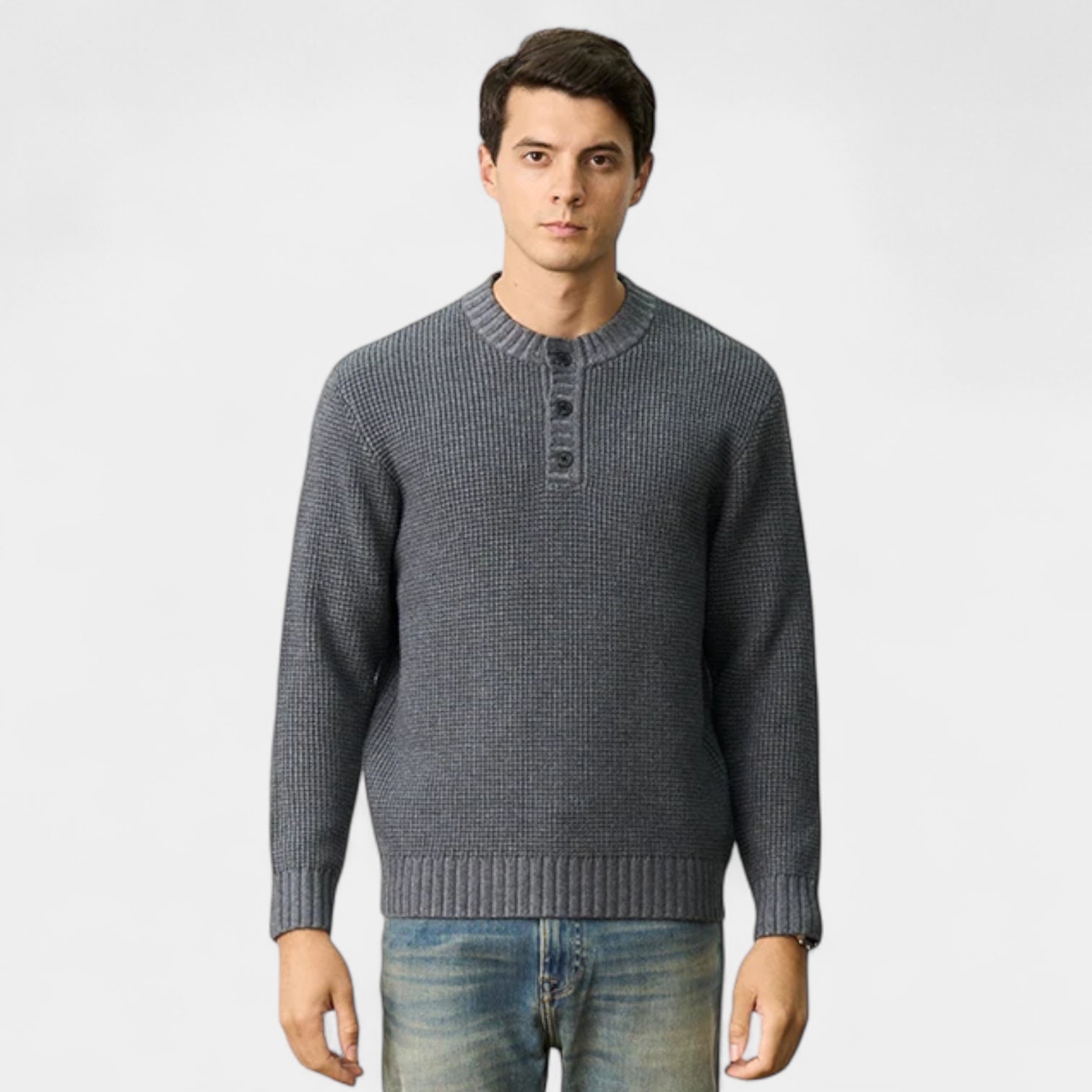 Pull homme en laine texturée – manches longues, col ras du cou