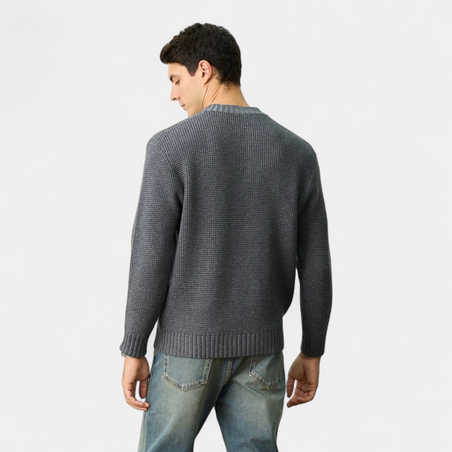Pull homme en laine texturée – manches longues, col ras du cou