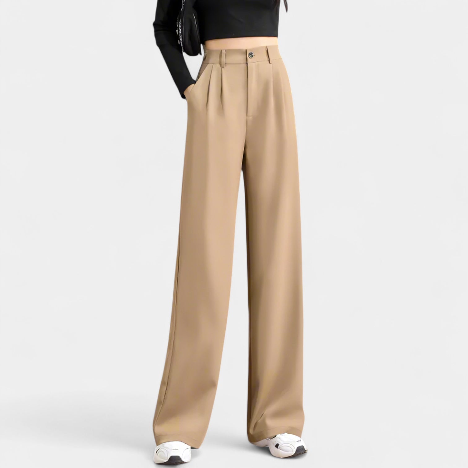 Pantalon femme à jambe évasée et longueur complète, avec plis plats à l'avant et poches obliques