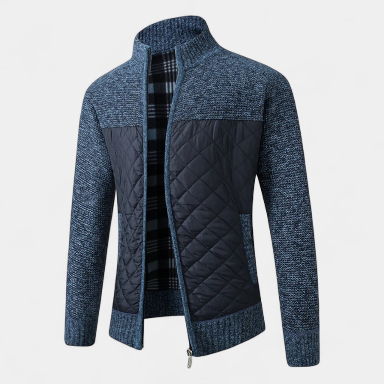 Veste hybride matelassée en tricot pour homme – veste zippée en nylon et tricot marbré