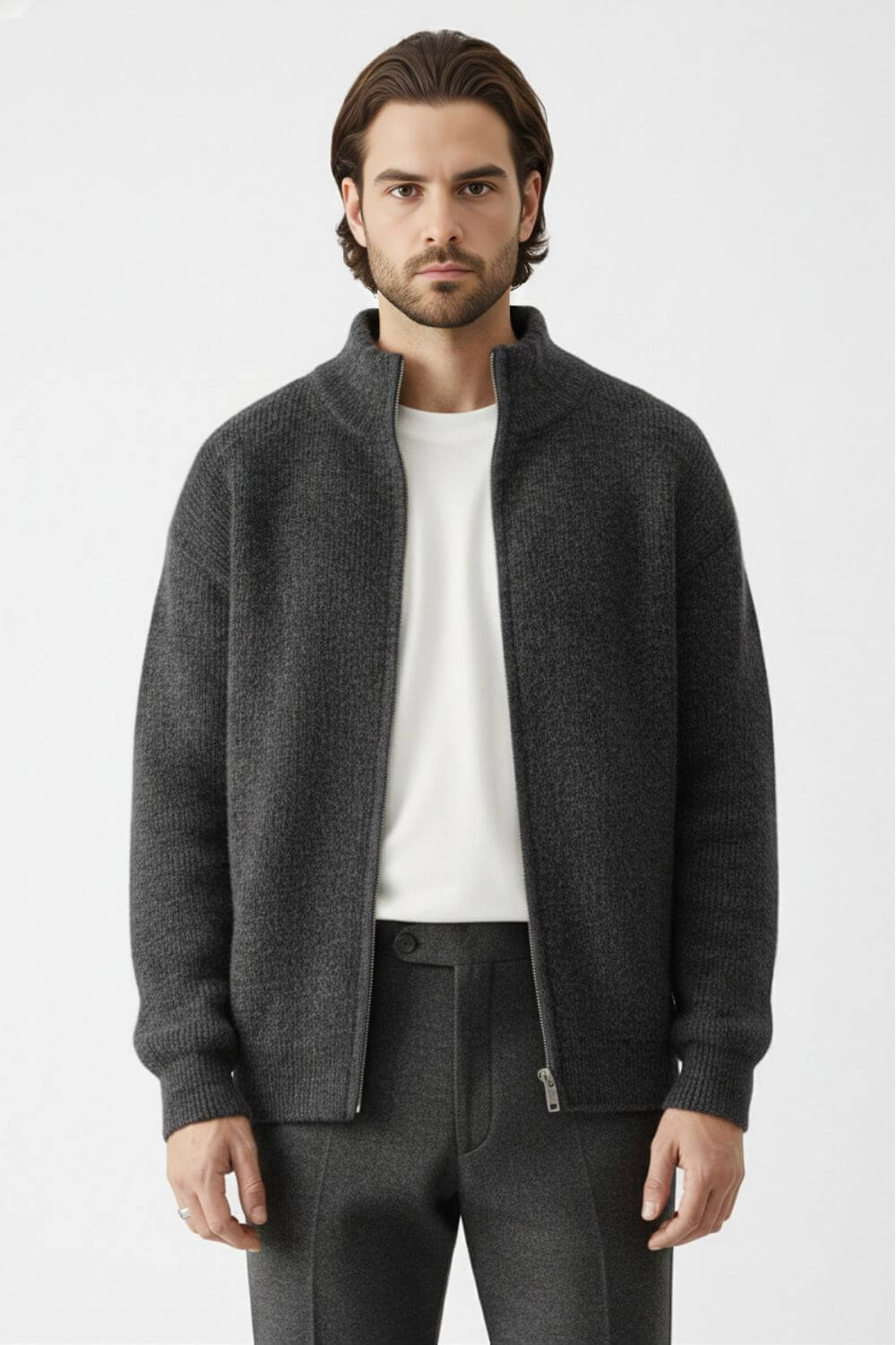 Pull zippé en maille de laine mélangée pour homme