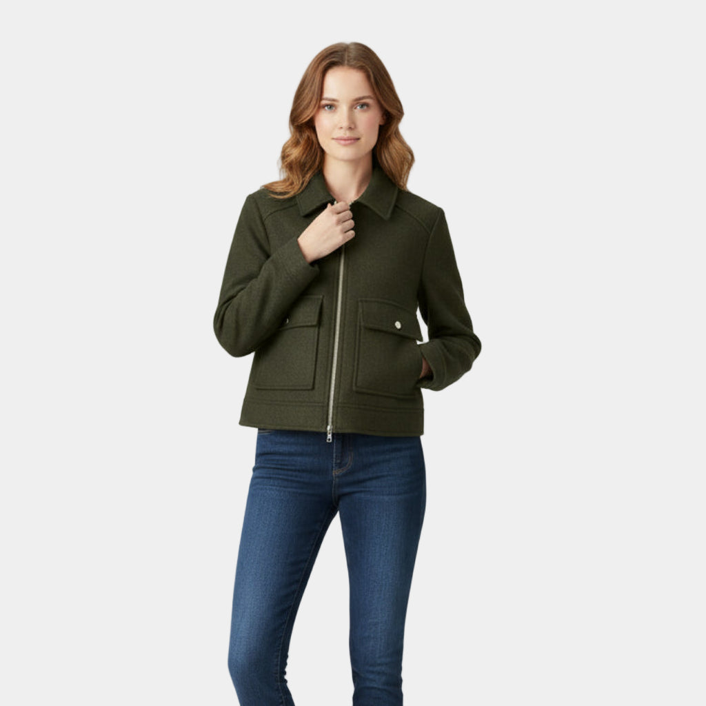 Veste courte zippée en laine mélangée pour femmes, à col chemise