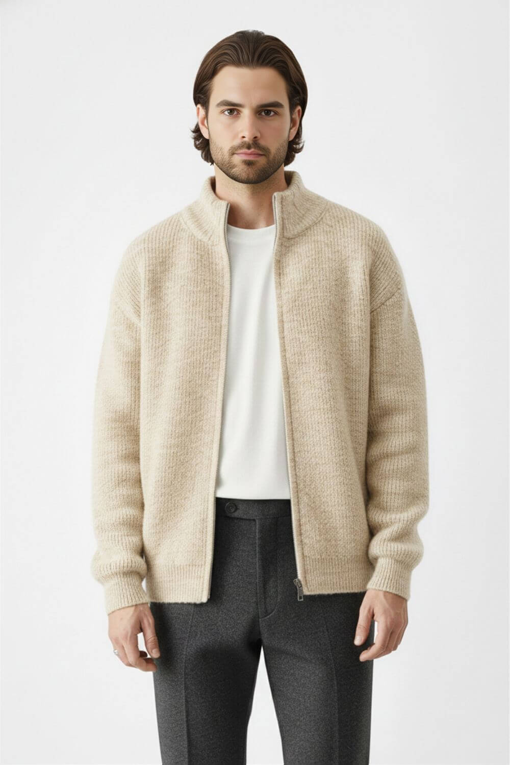 Pull zippé en maille de laine mélangée pour homme
