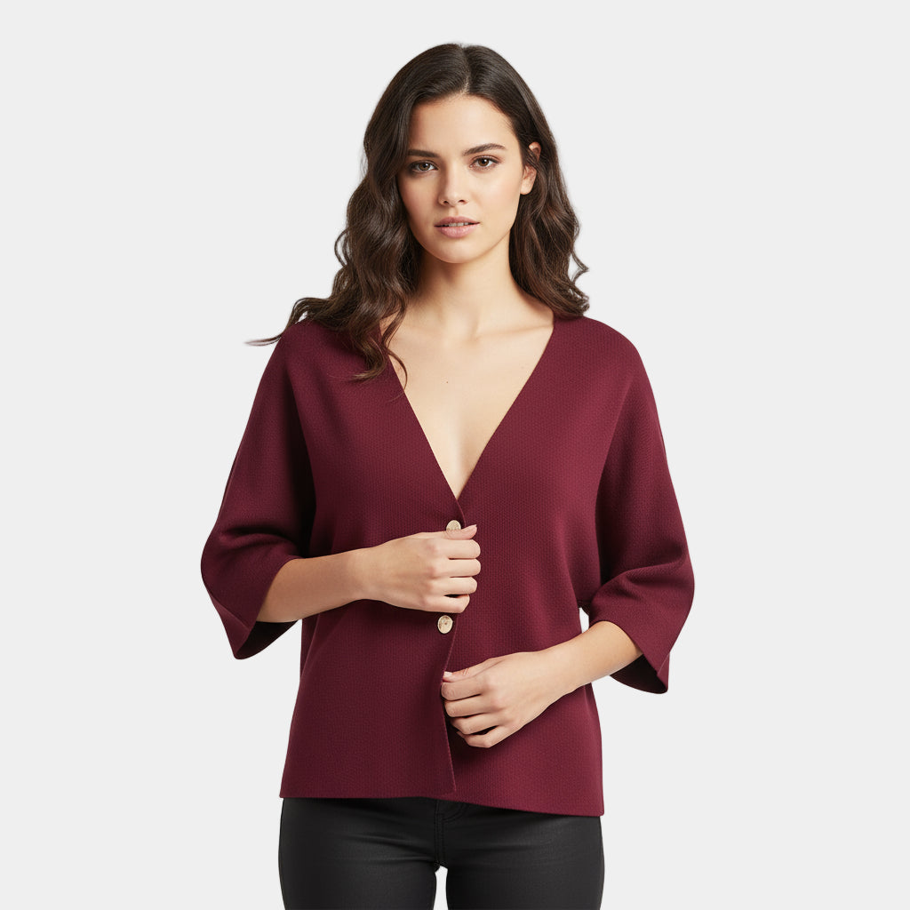 Cardigan en maille à col en V pour femme, manches demi-longues