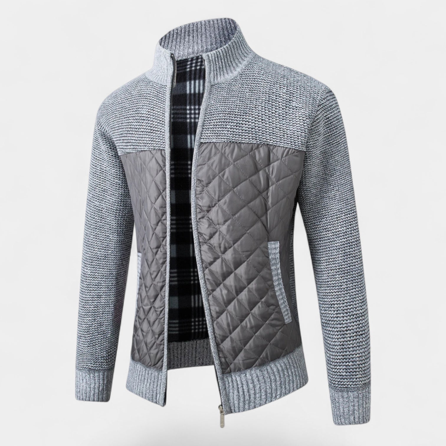 Veste hybride matelassée en tricot pour homme – veste zippée en nylon et tricot marbré