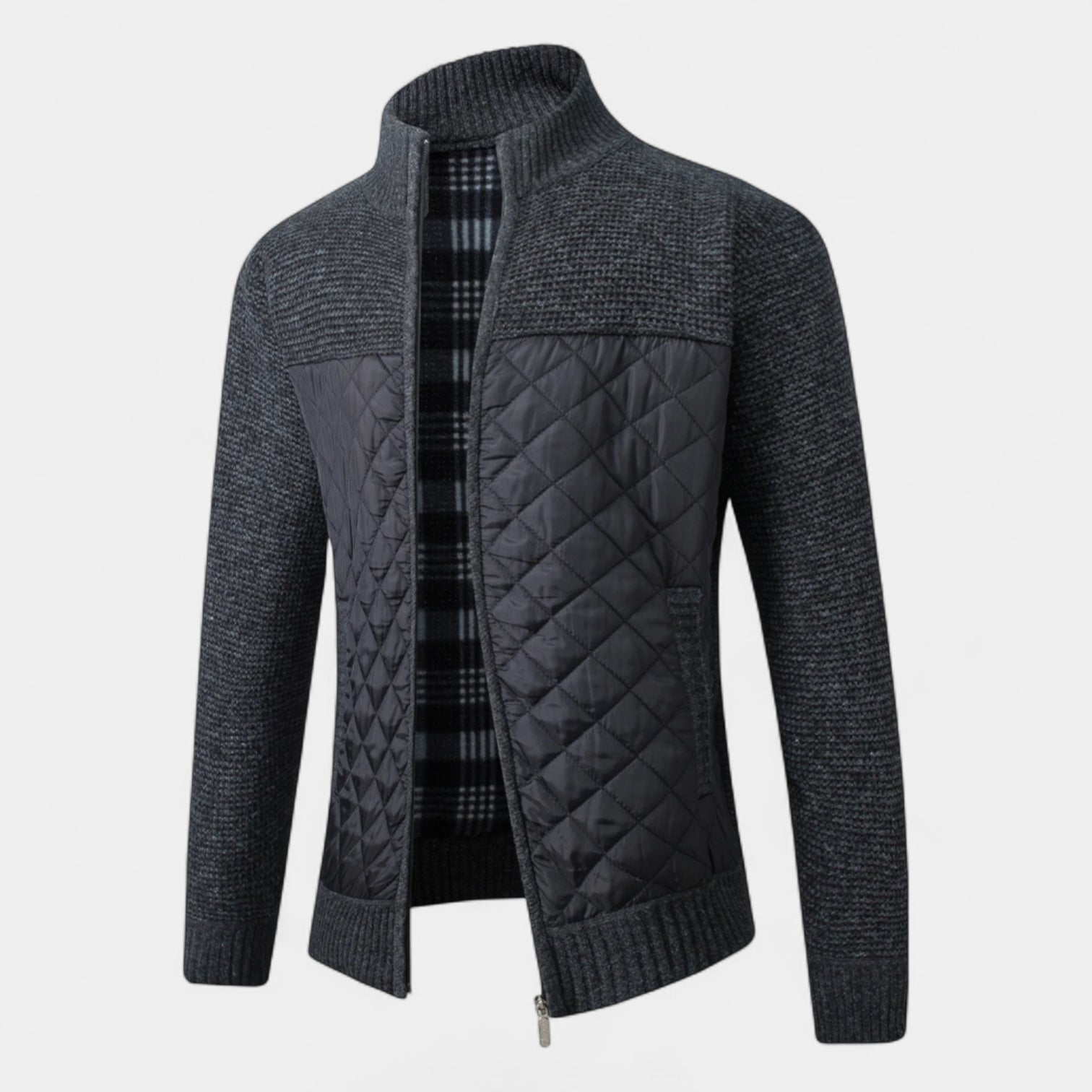 Veste hybride matelassée en tricot pour homme – veste zippée en nylon et tricot marbré