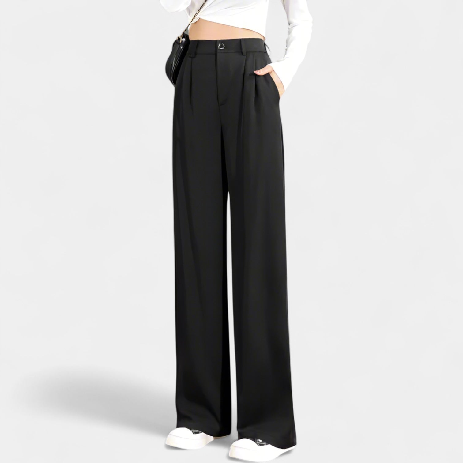 Pantalon femme à jambe évasée et longueur complète, avec plis plats à l'avant et poches obliques