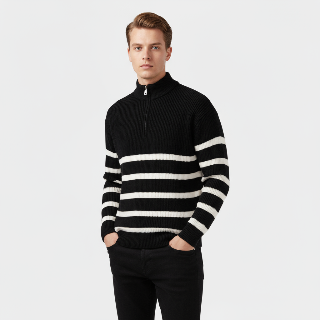Pull rayé pour homme à fermeture éclair demi-zip en maille côtelée