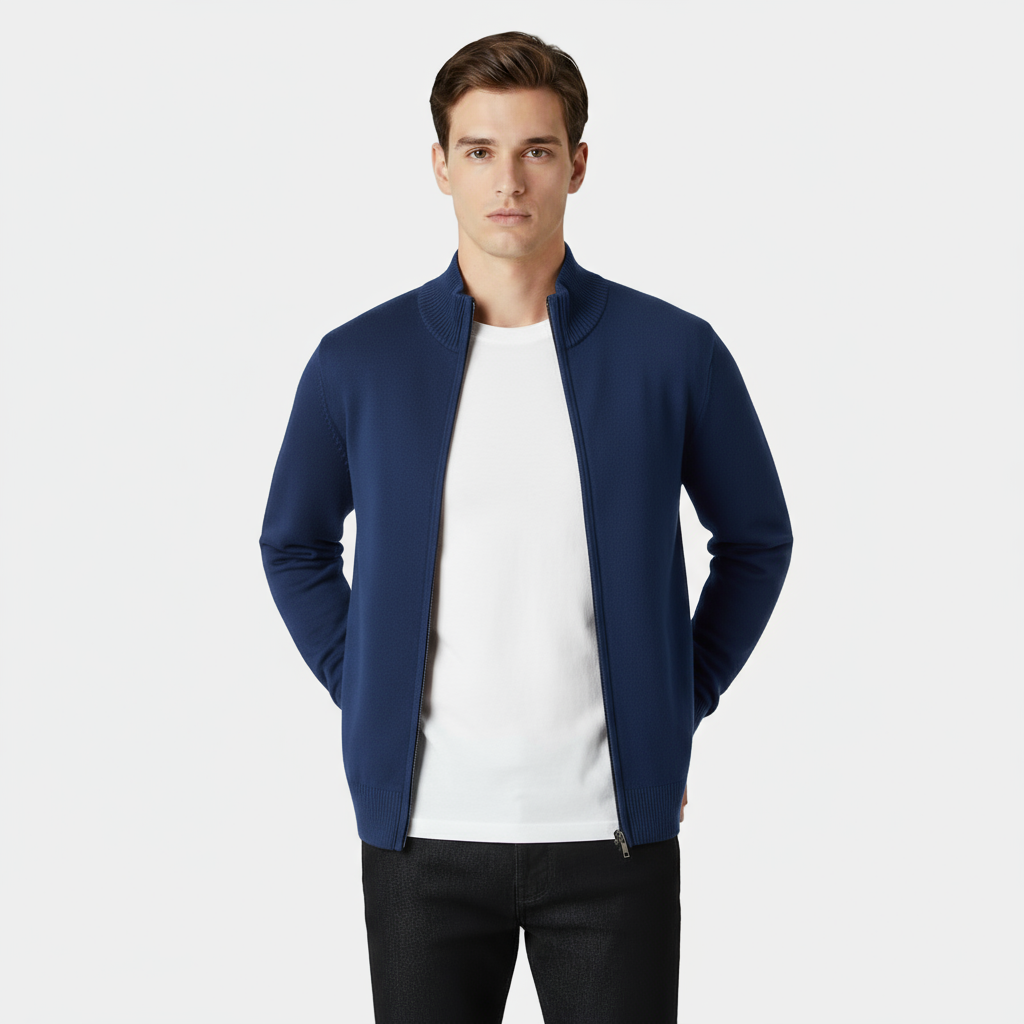 Cardigan en maille pour homme à manches longues avec fermeture éclair sur toute la longueur et bord-côtes