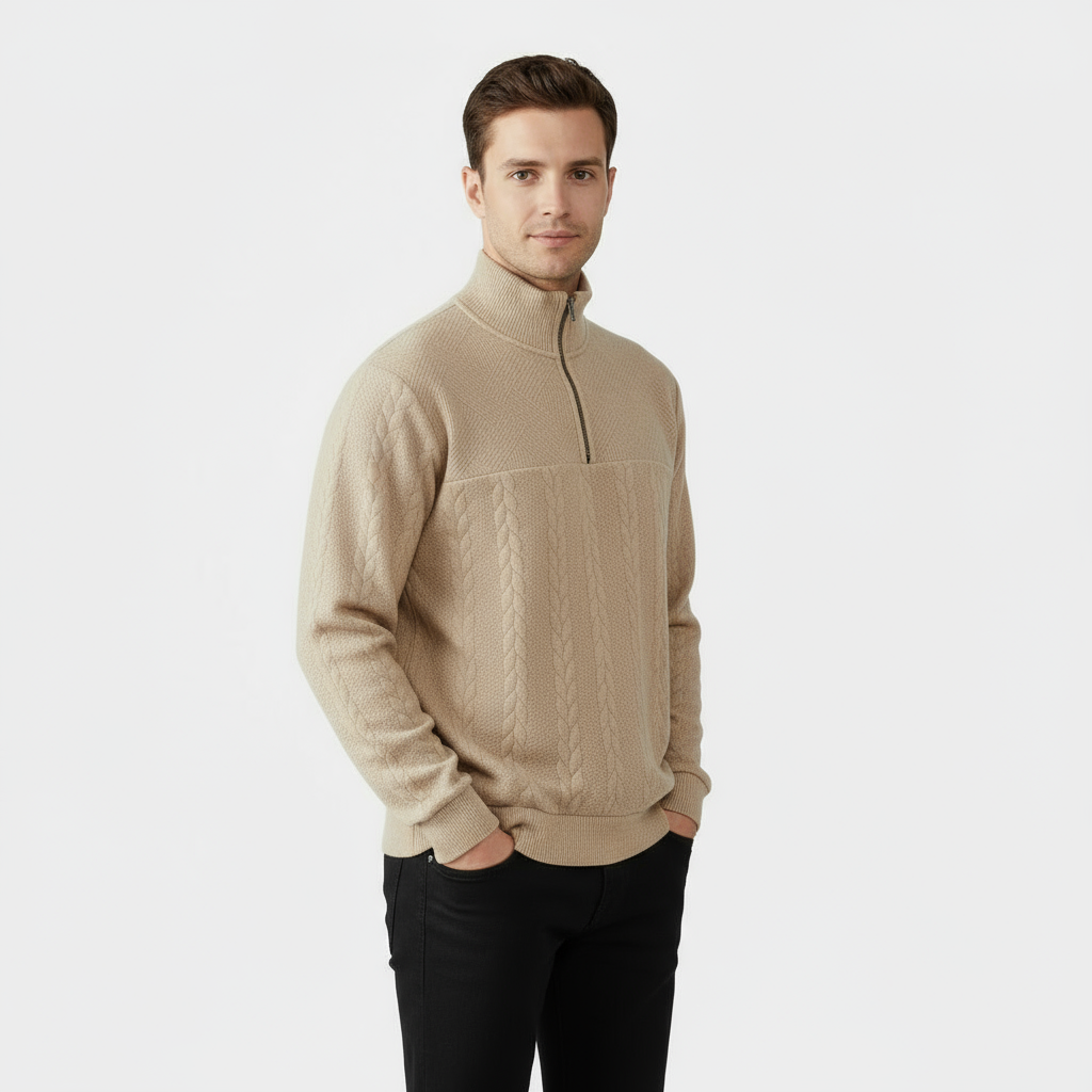 Pull homme en laine mérinos à maille torsadée et zip demi-longueur