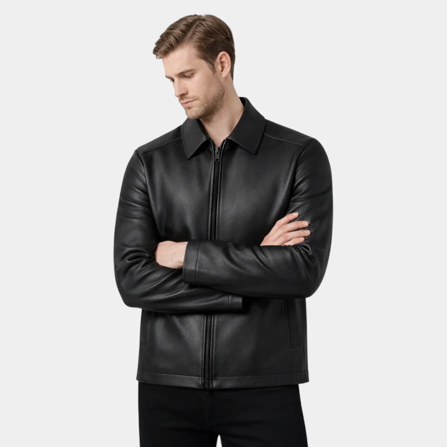 Veste zippée en simili cuir pour homme à col polo