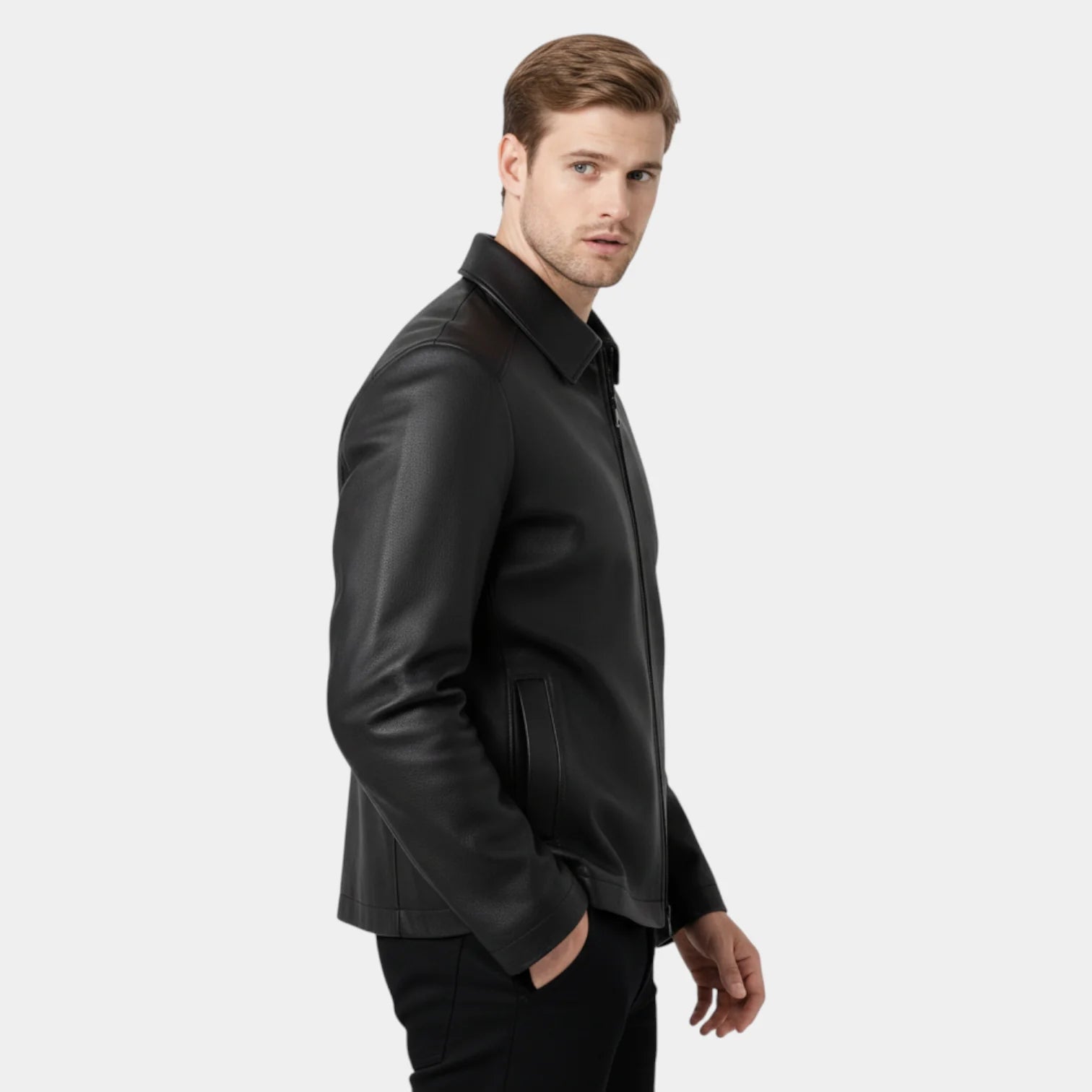 Veste zippée en simili cuir pour homme à col polo