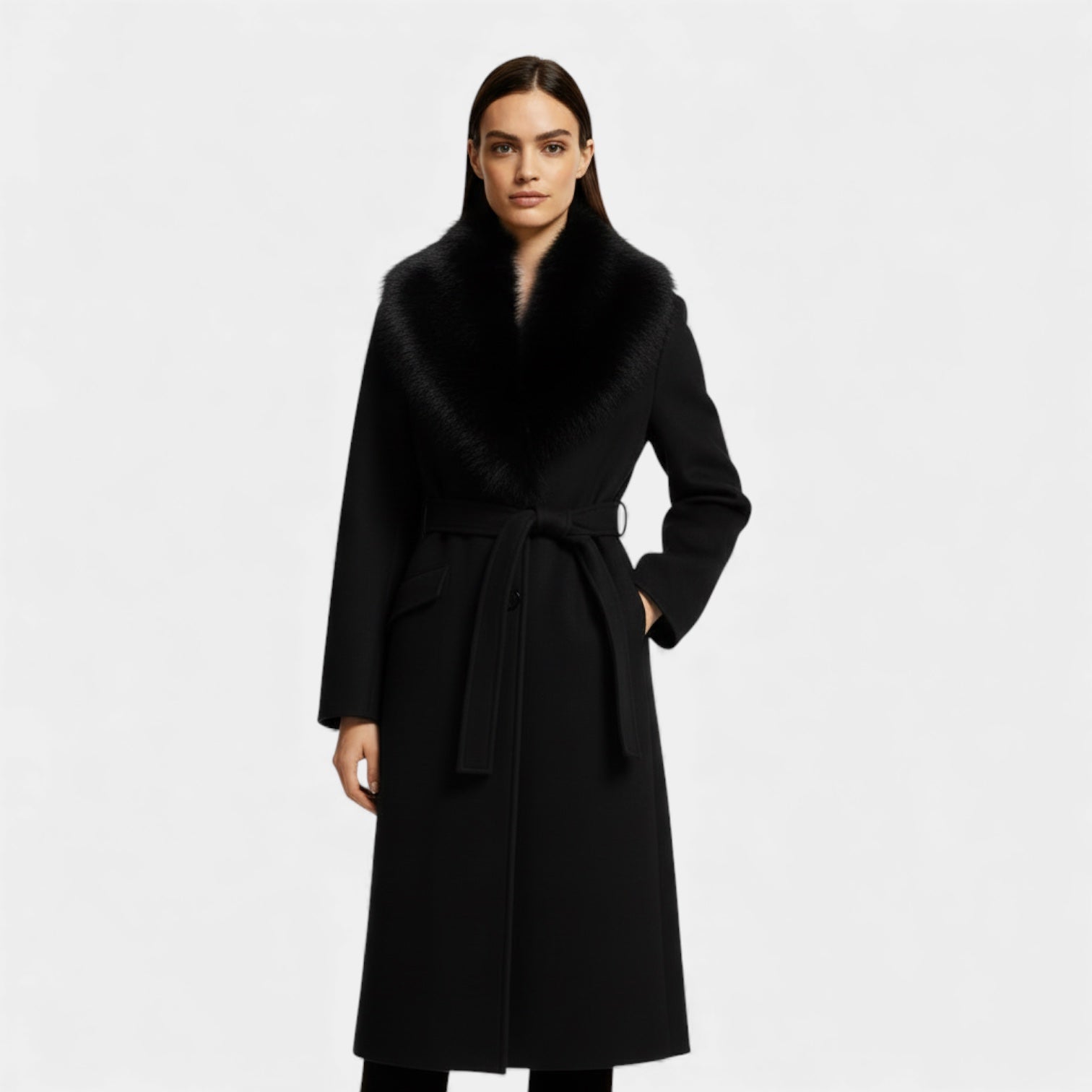 Manteau long pour femmes à col en fausse fourrure – ceinturé, manteau d’hiver
