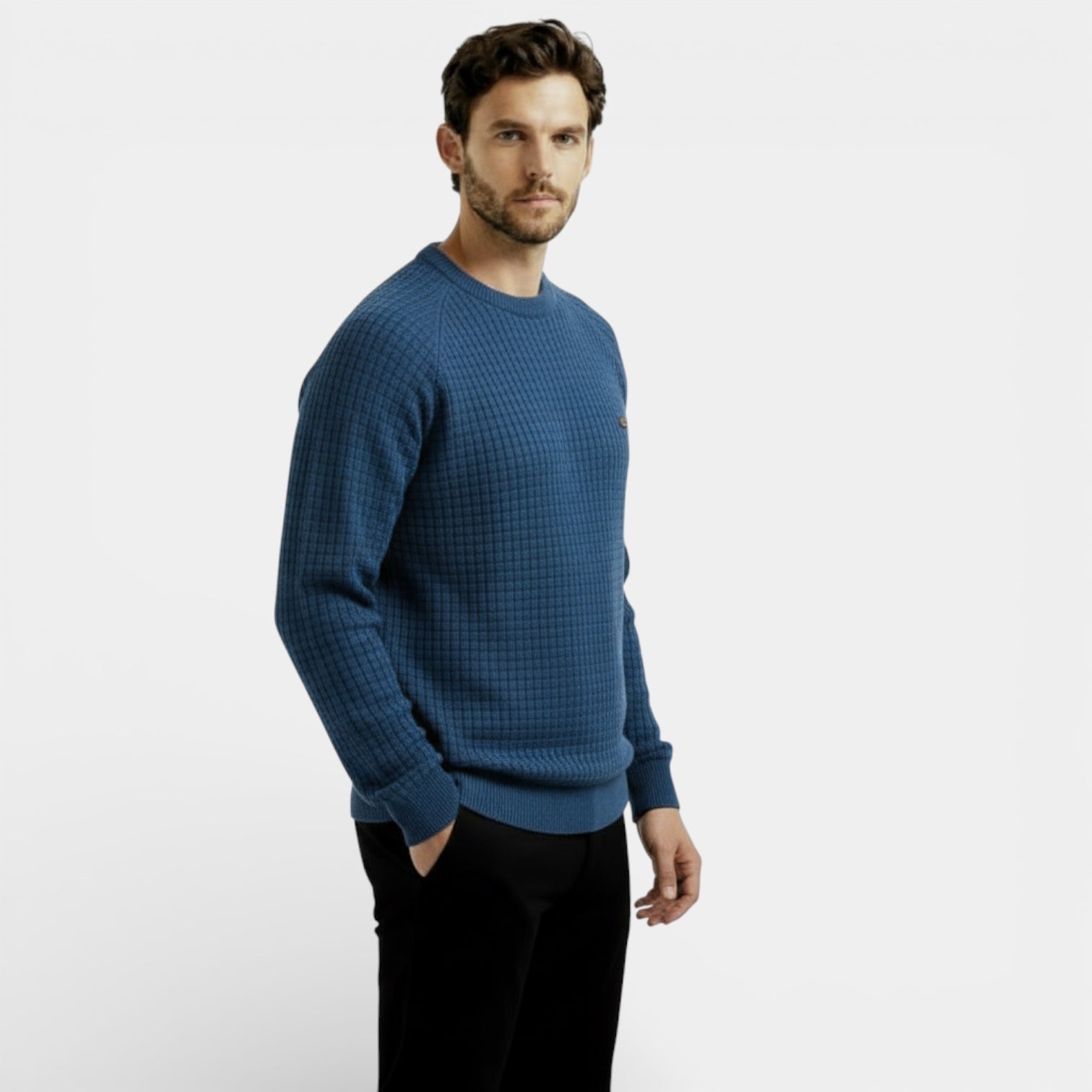 Pull en maille gaufrée à manches longues pour homme – coupe classique, décontracté