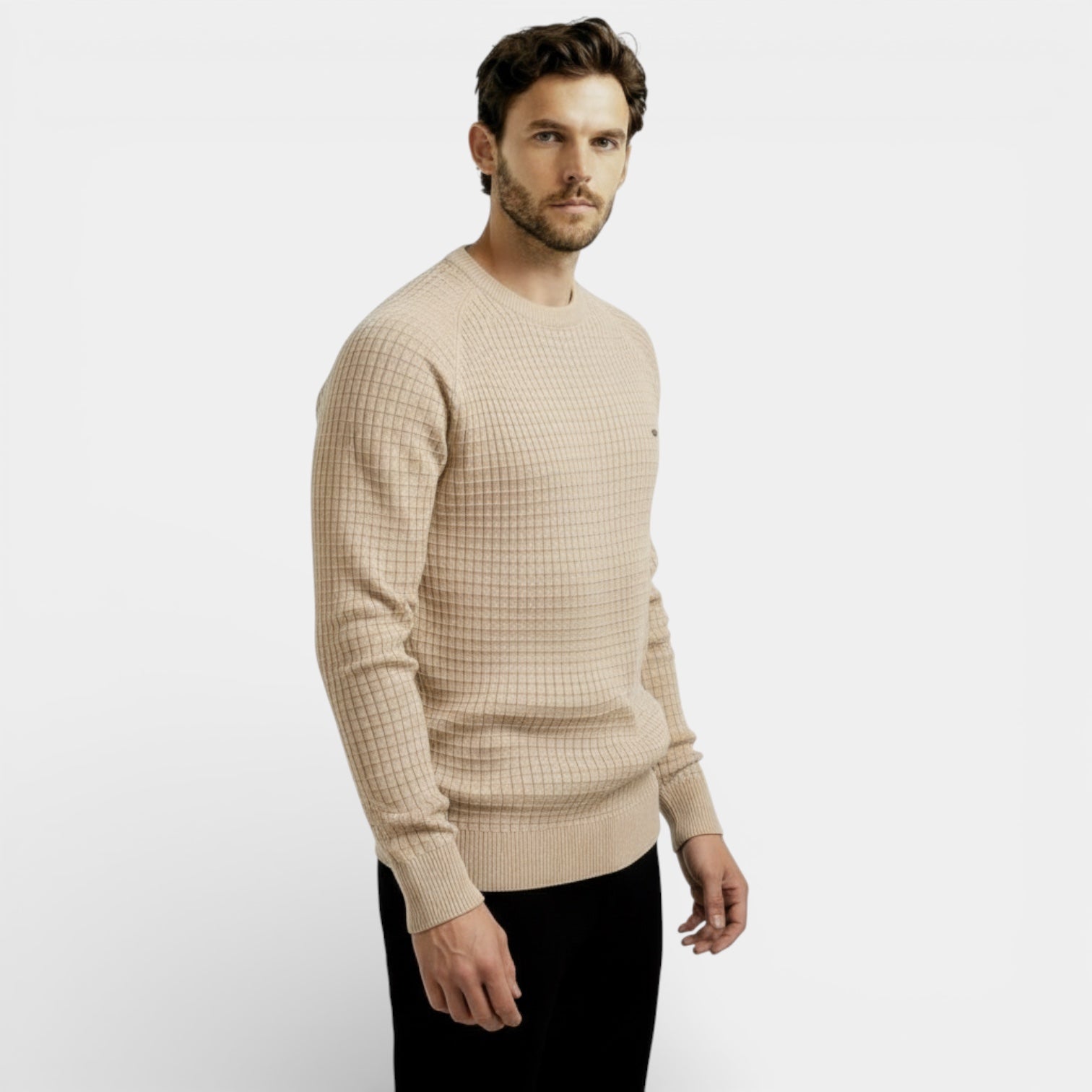 Pull en maille gaufrée à manches longues pour homme – coupe classique, décontracté