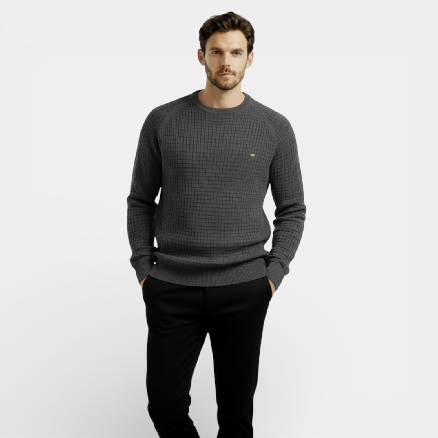 Pull en maille gaufrée à manches longues pour homme – coupe classique, décontracté