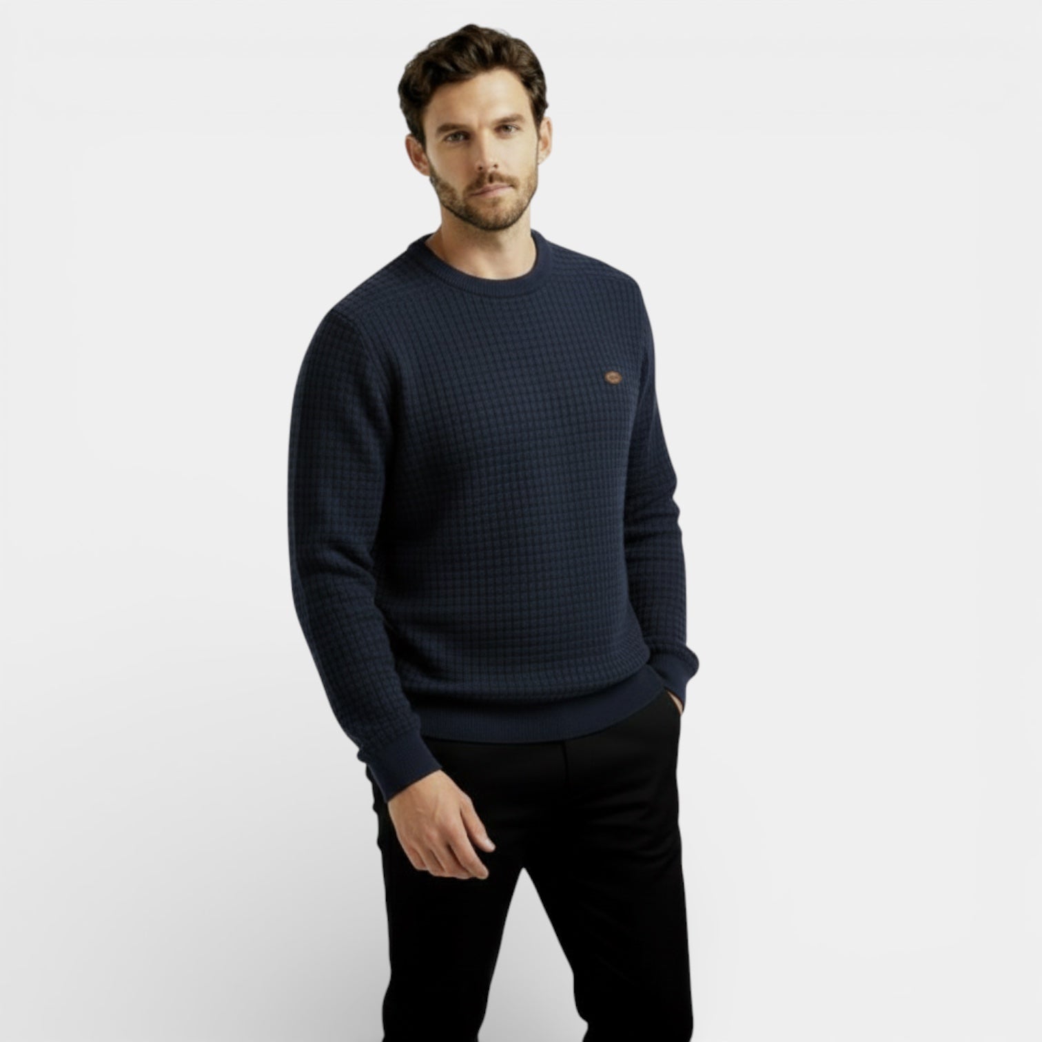 Pull en maille gaufrée à manches longues pour homme – coupe classique, décontracté