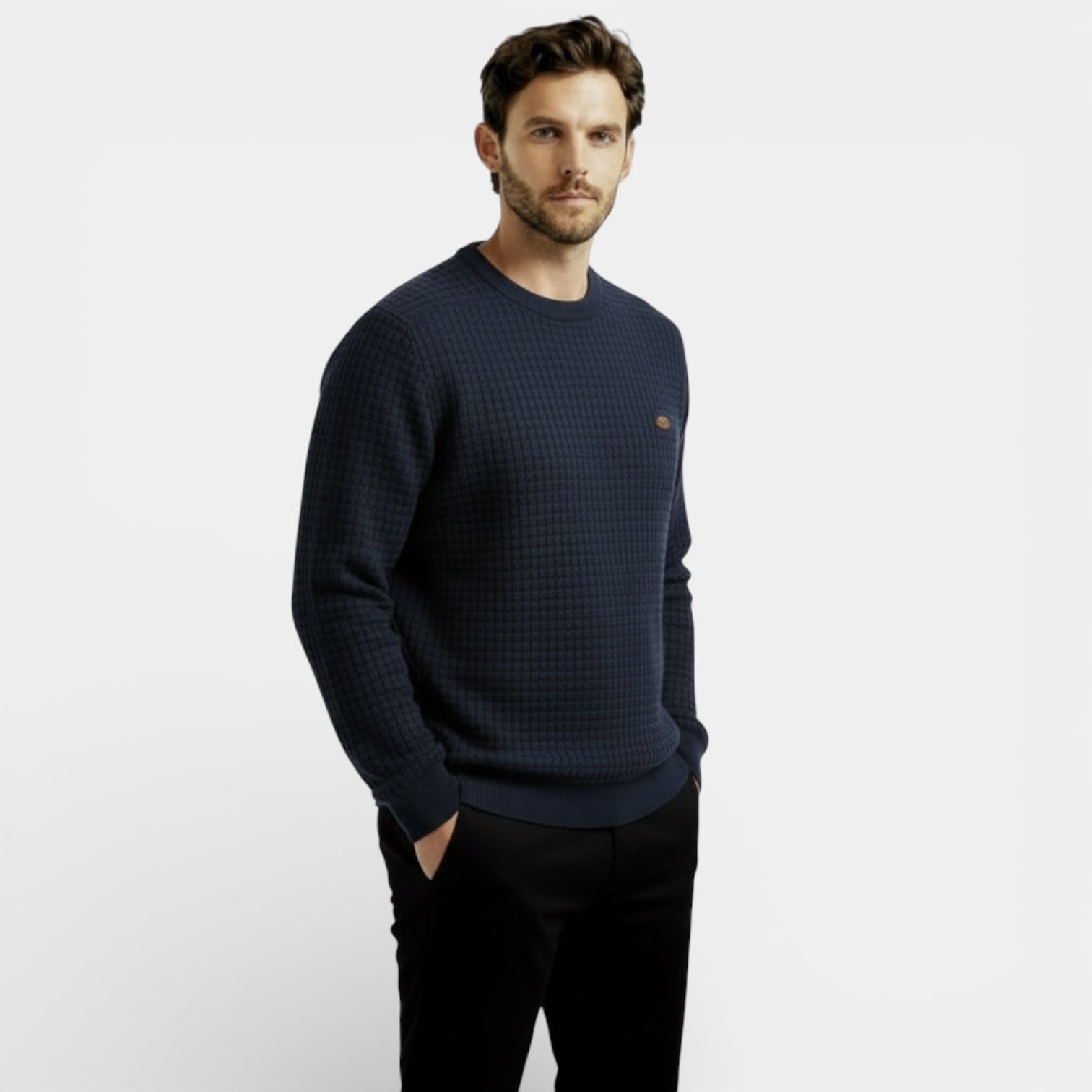 Pull en maille gaufrée à manches longues pour homme – coupe classique, décontracté