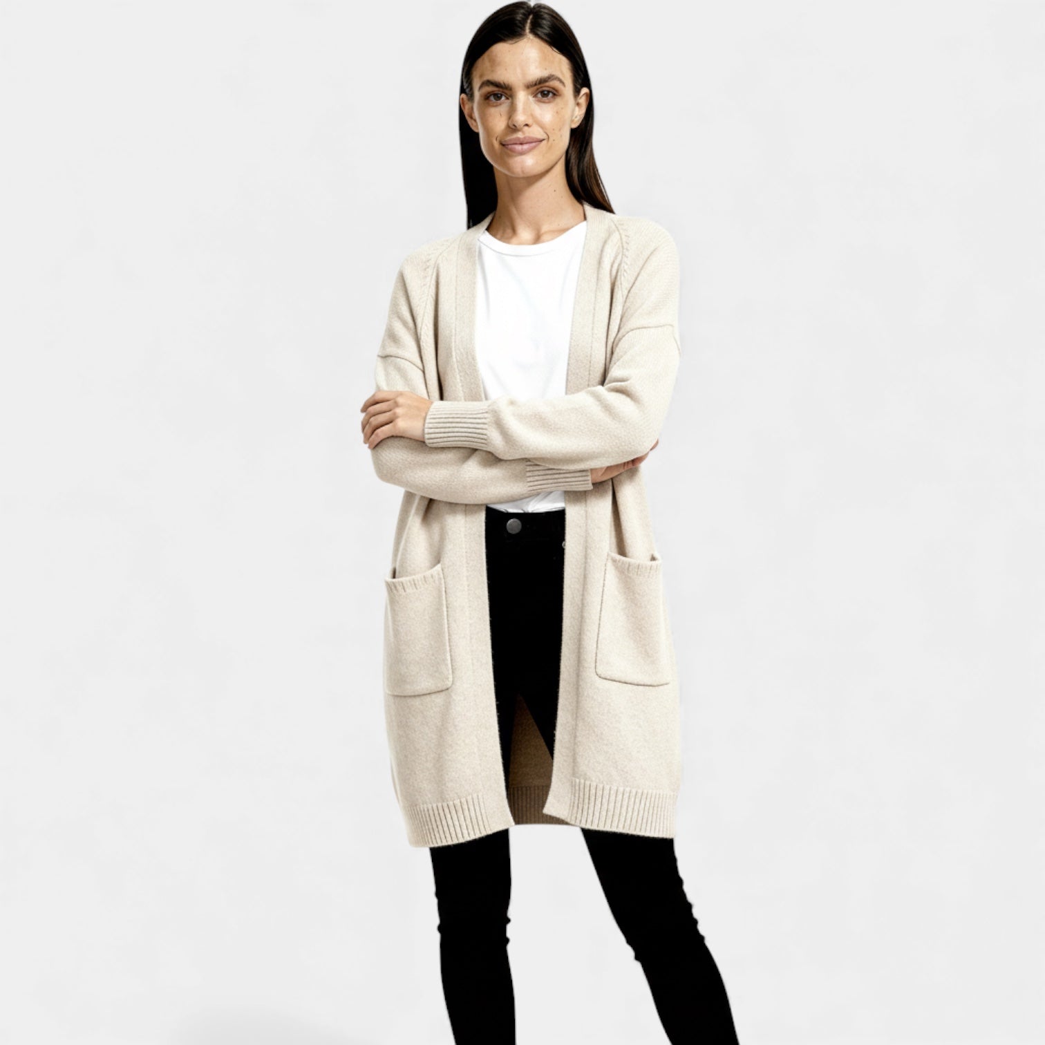 Cardigan long en laine pour femmes – ouverture sur le devant