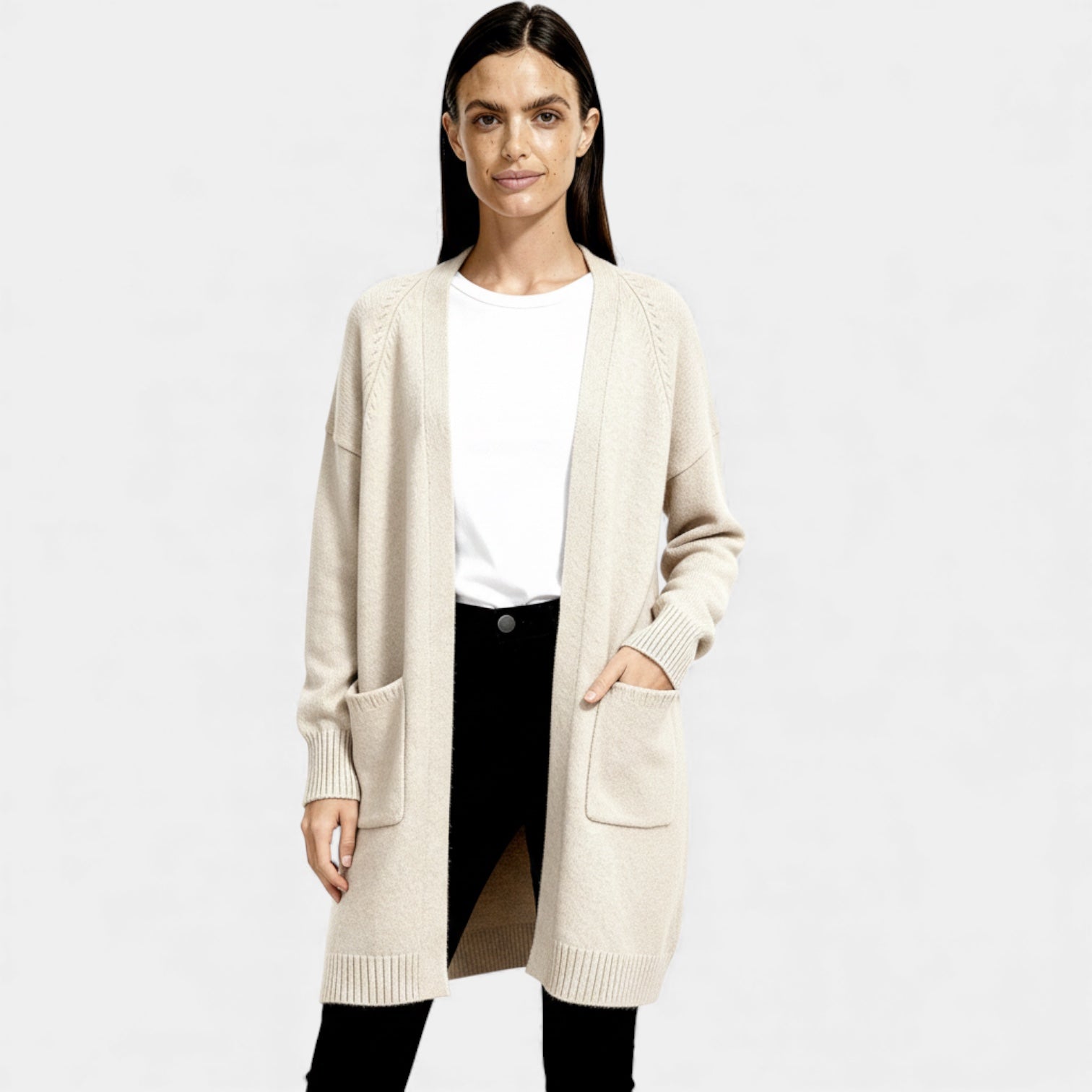 Cardigan long en laine pour femmes – ouverture sur le devant