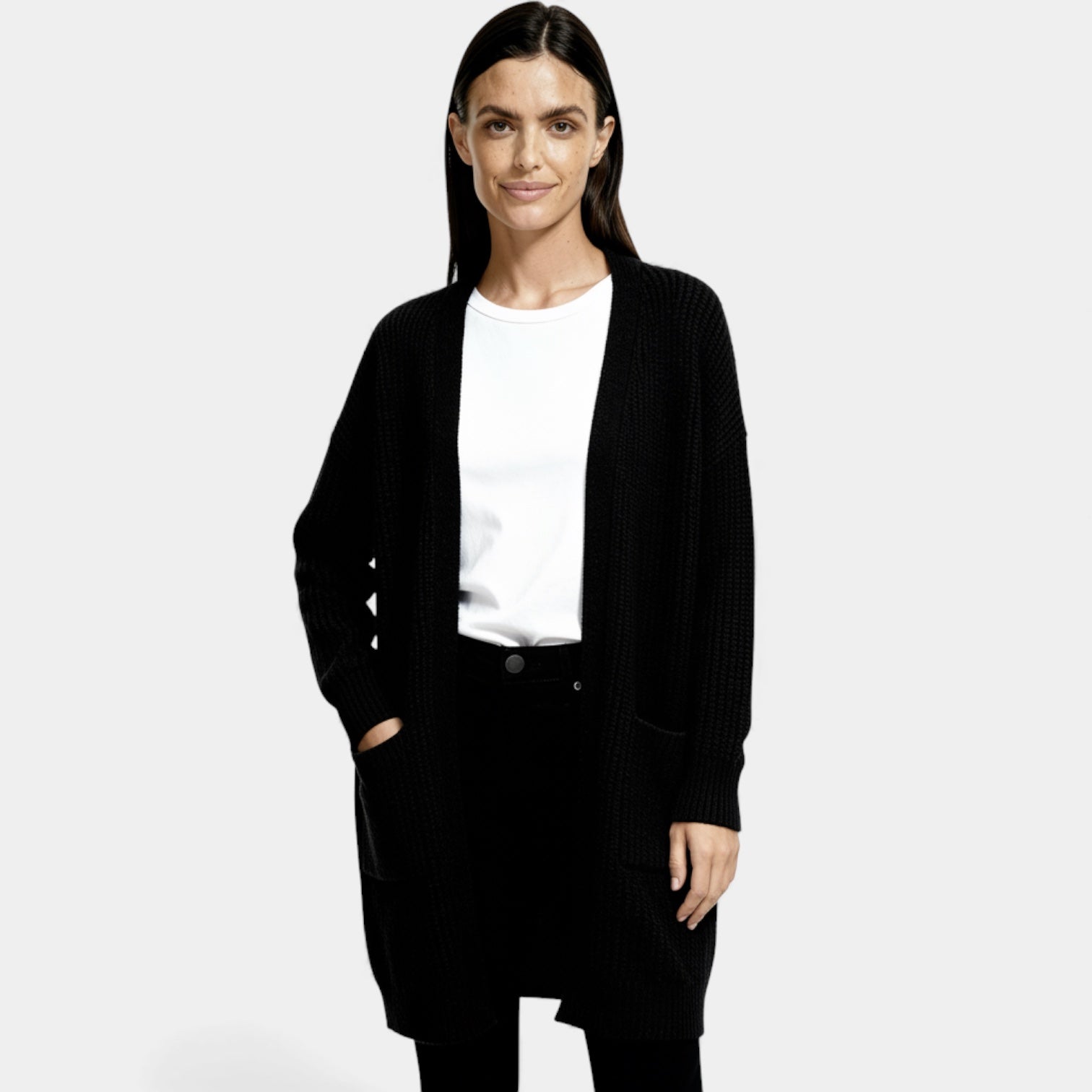 Cardigan long en laine pour femmes – ouverture sur le devant