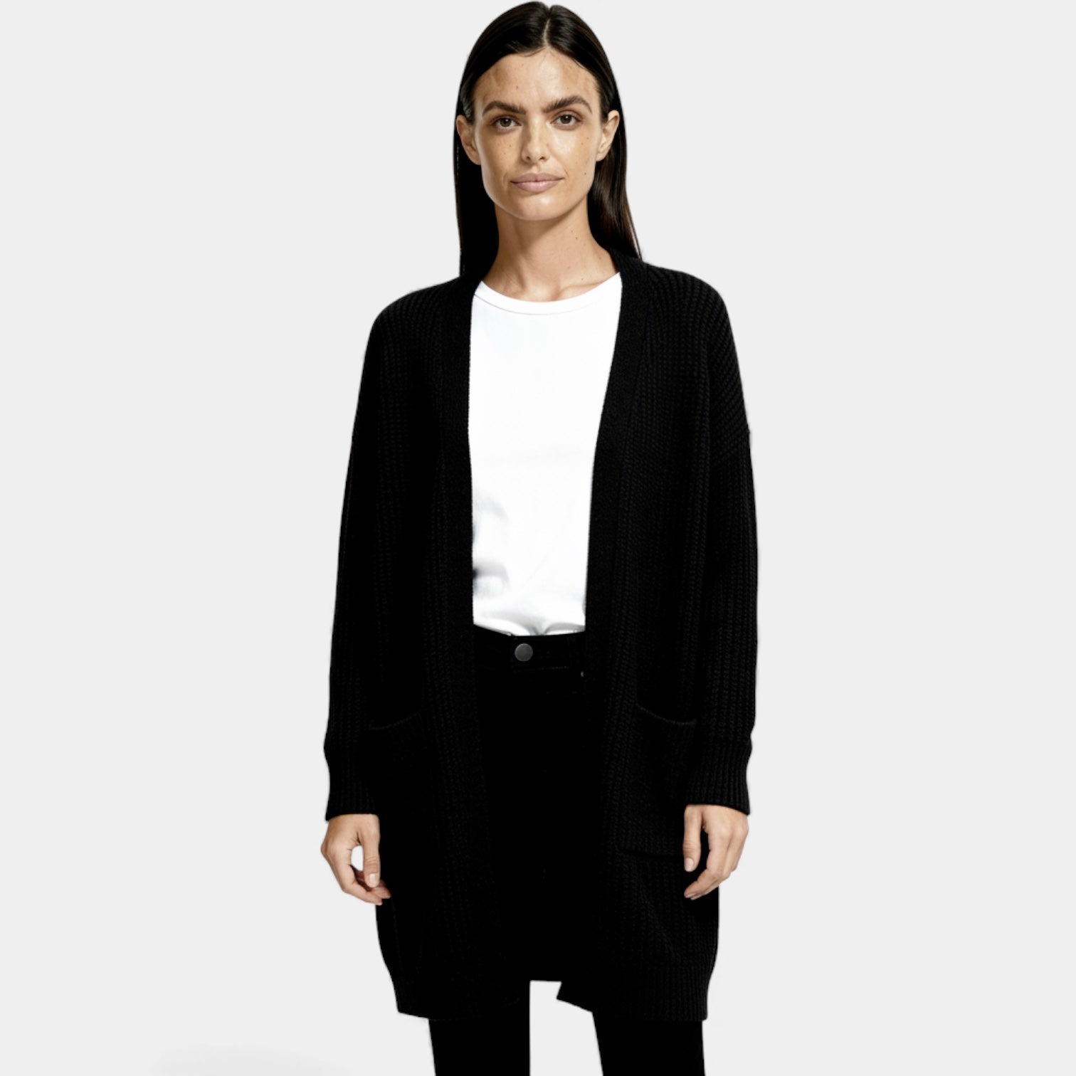 Cardigan long en laine pour femmes – ouverture sur le devant