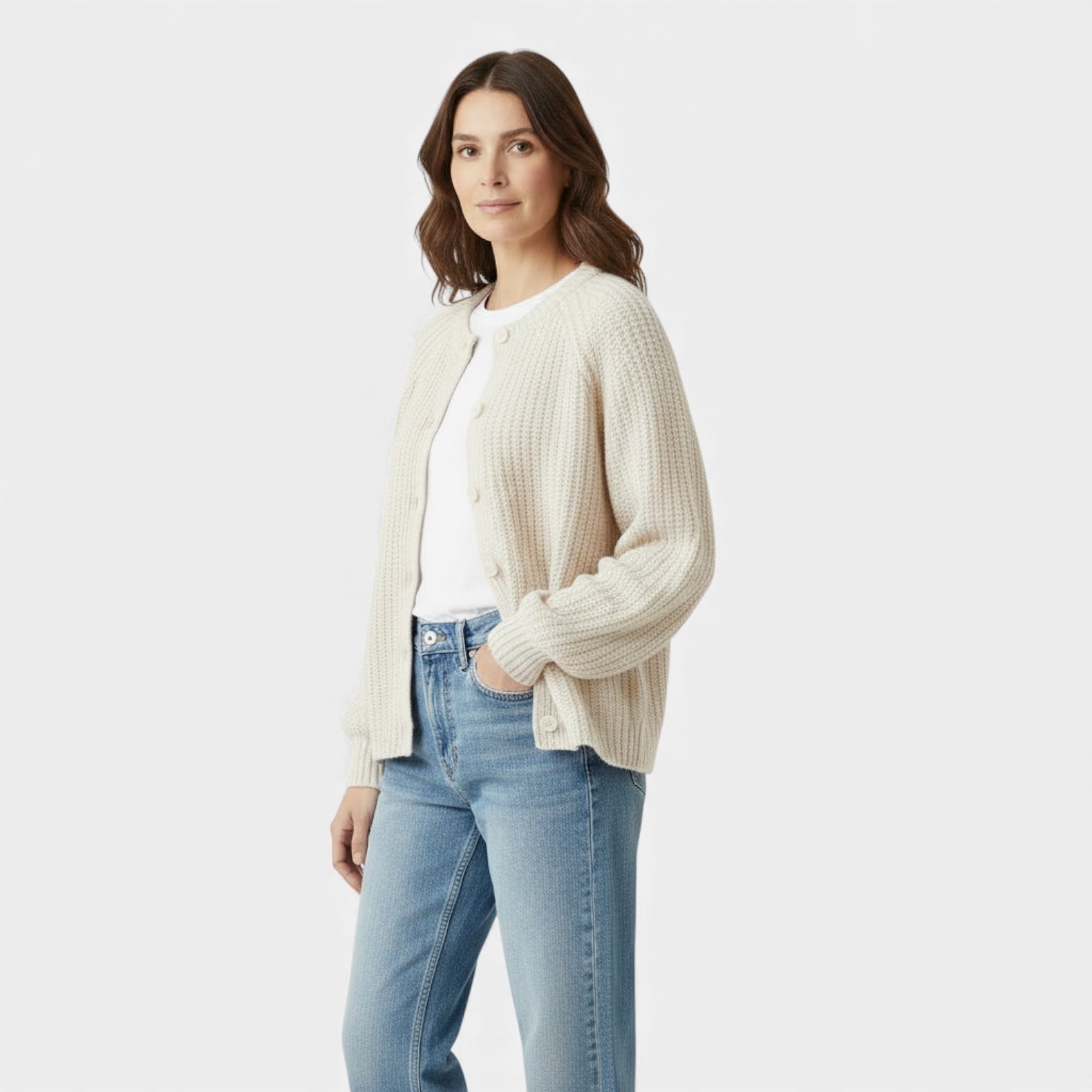 Cardigan pour femme en maille épaisse à motif nid d'abeille – boutons sur le devant