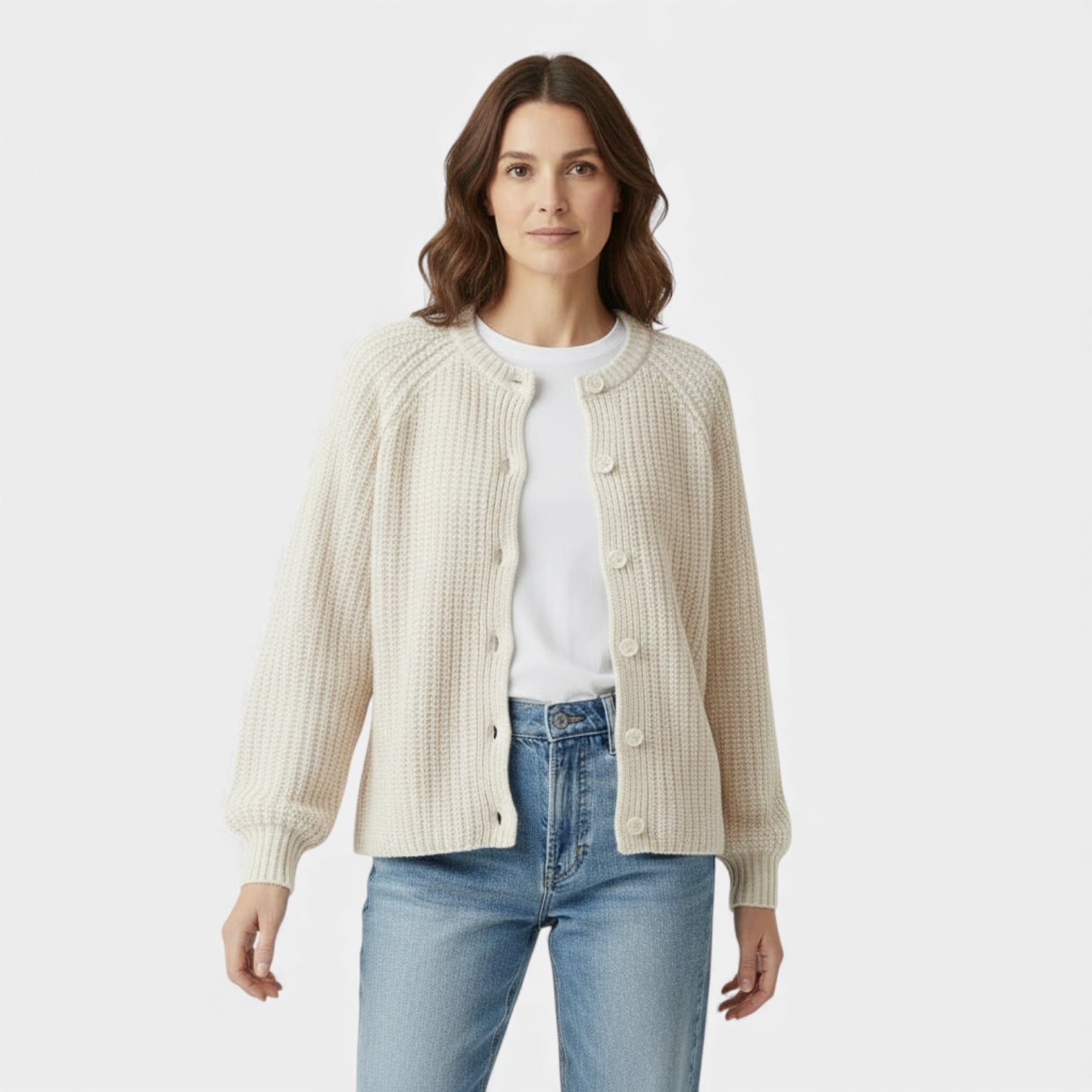 Cardigan pour femme en maille épaisse à motif nid d'abeille – boutons sur le devant