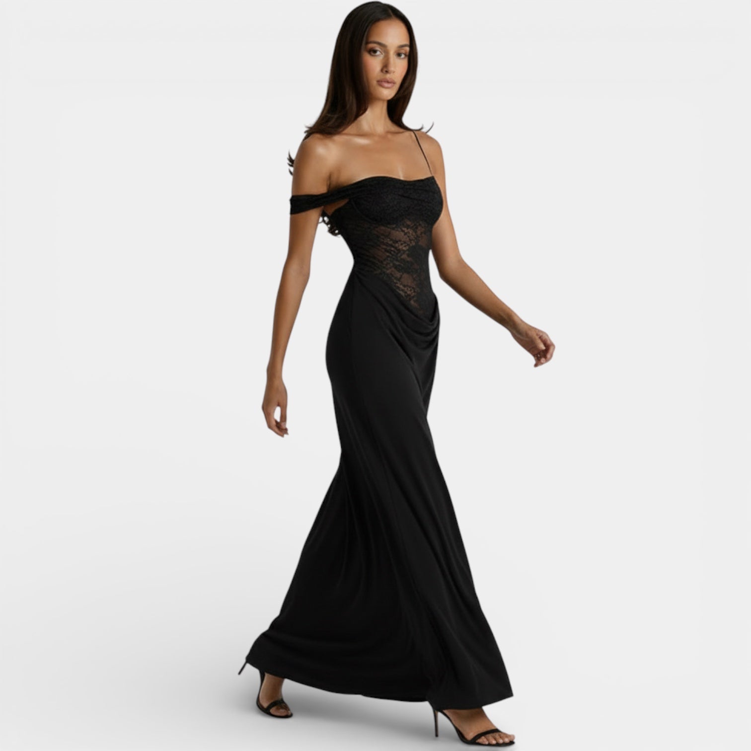 Robe de soirée en dentelle avec corsage – robe maxi drapée à épaules dénudées