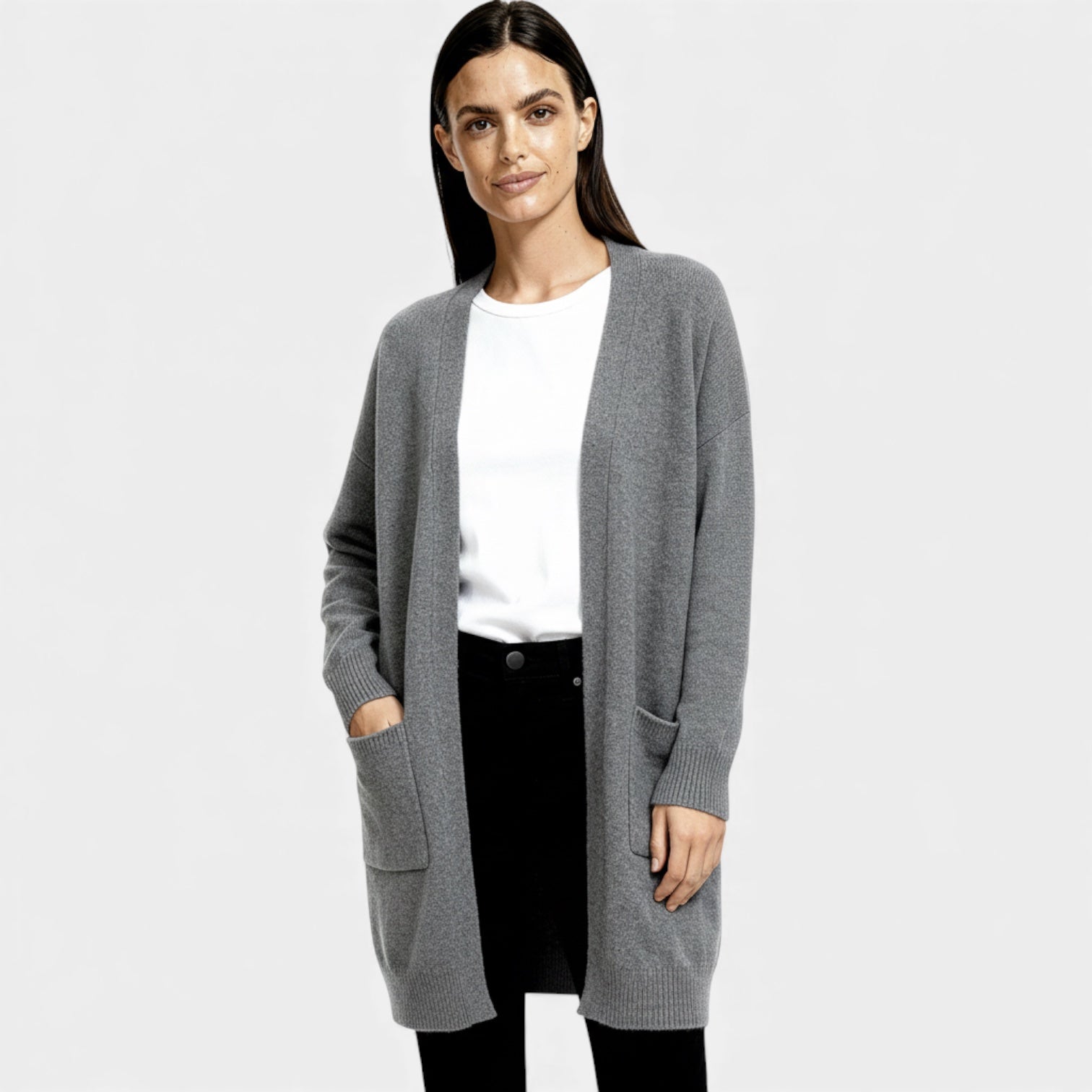 Cardigan long en laine pour femmes – ouverture sur le devant