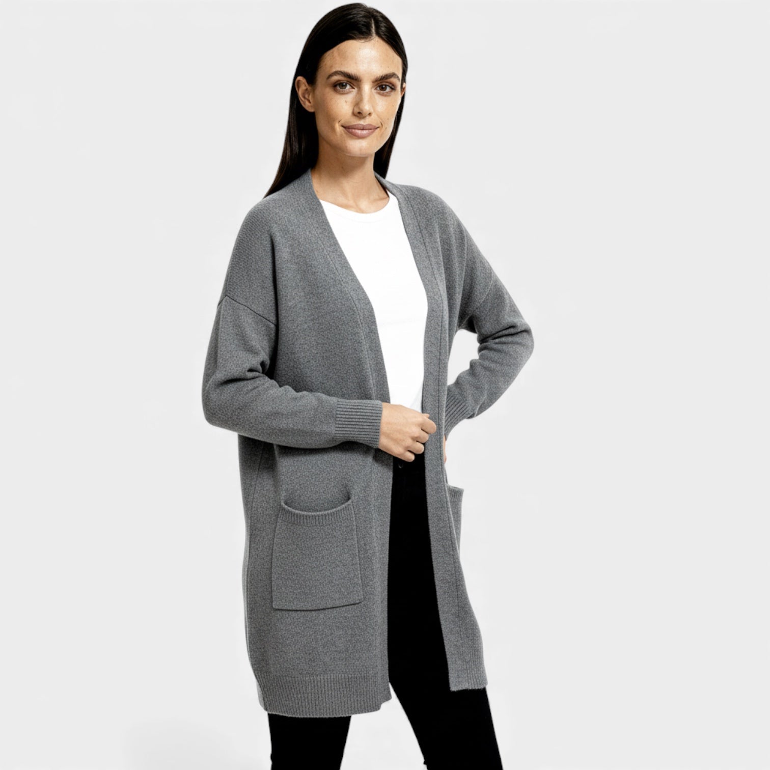 Cardigan long en laine pour femmes – ouverture sur le devant
