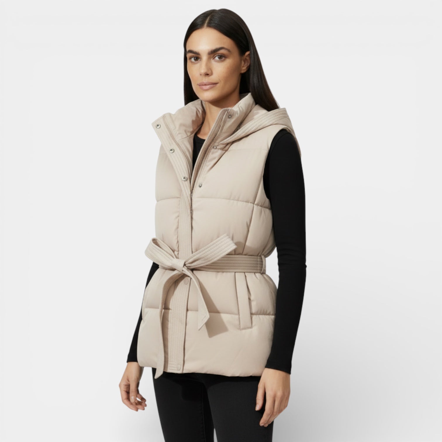 Gilet matelassé ceinturé à capuche pour femmes, léger
