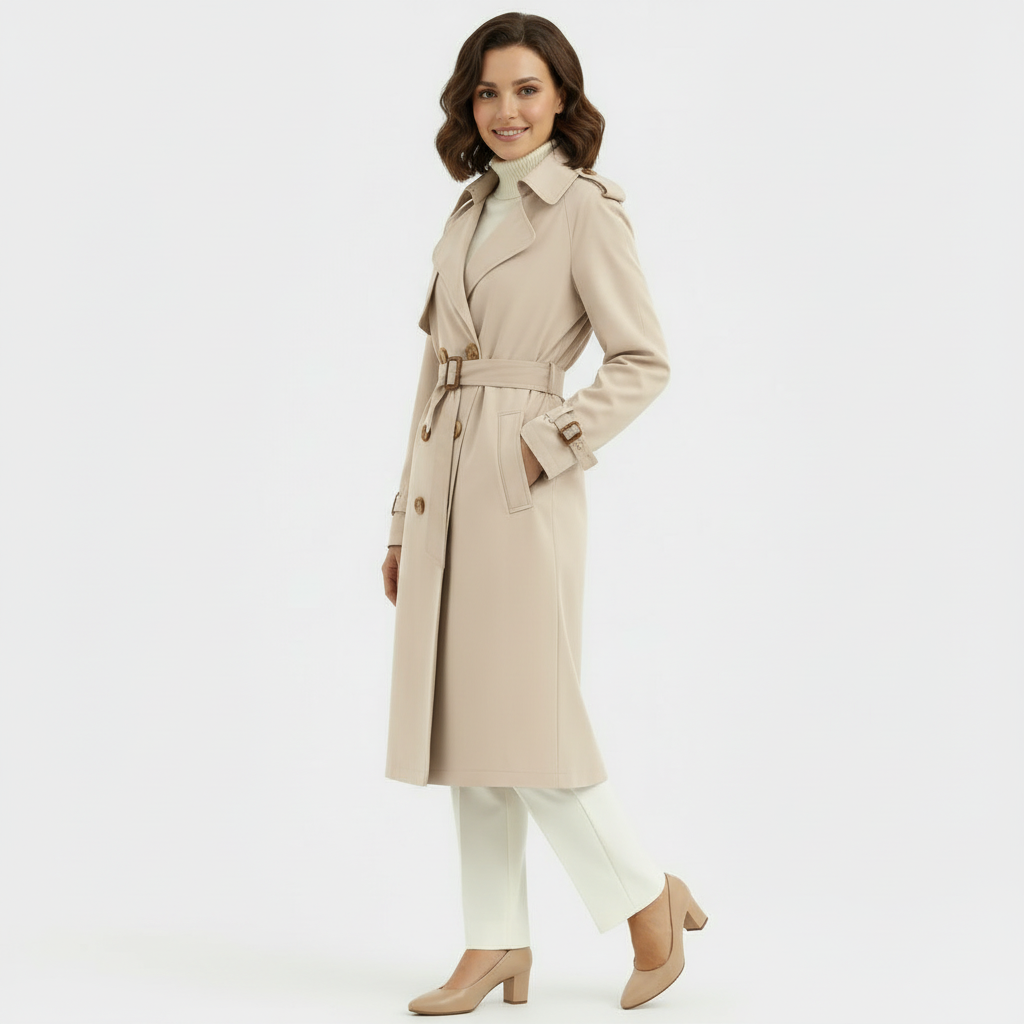 Trench-coat à double boutonnage pour femmes - pardessus long ceinturé