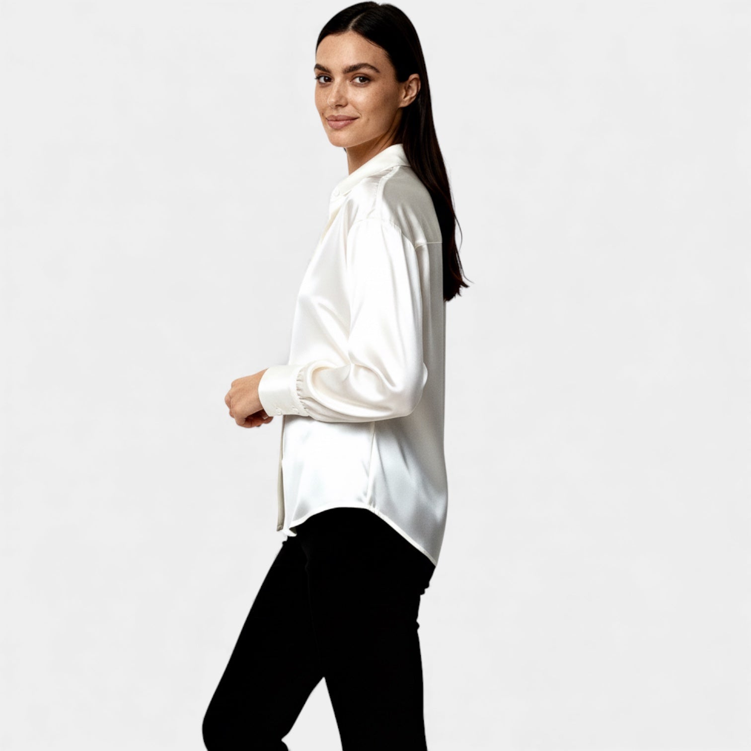 Blouse satinée à boutons pour femmes – chemise à manches longues au toucher soyeux