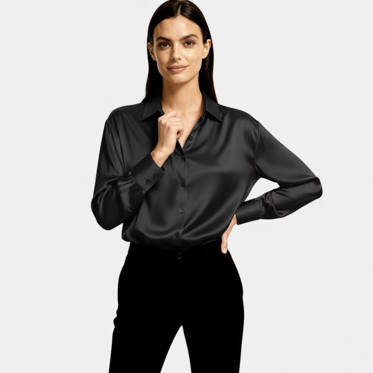 Blouse satinée à boutons pour femmes – chemise à manches longues au toucher soyeux