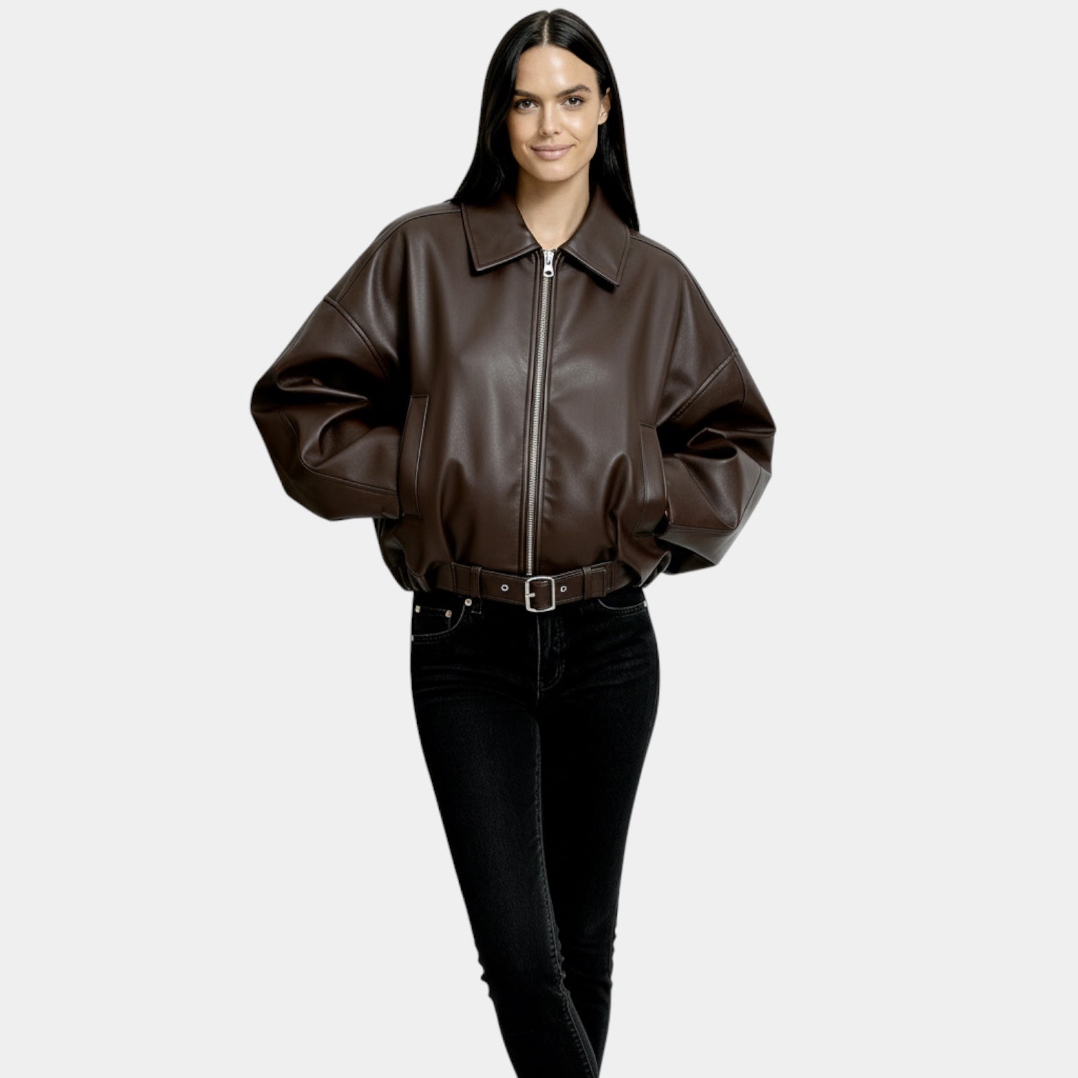 Veste bomber en cuir oversize pour femmes – fermeture éclair moderne