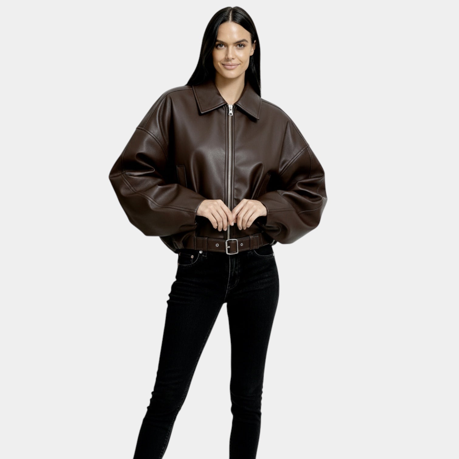 Veste bomber en cuir oversize pour femmes – fermeture éclair moderne