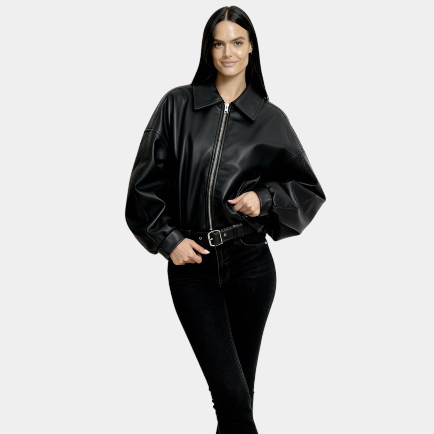 Veste bomber en cuir oversize pour femmes – fermeture éclair moderne