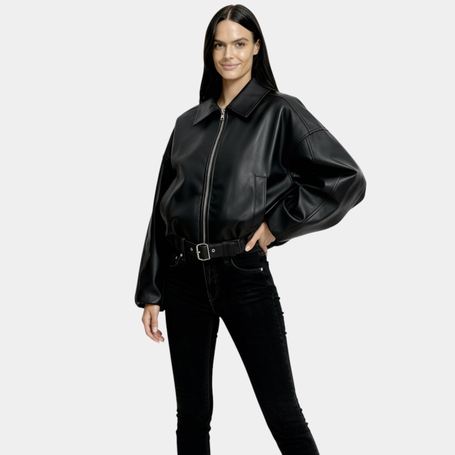 Veste bomber en cuir oversize pour femmes – fermeture éclair moderne