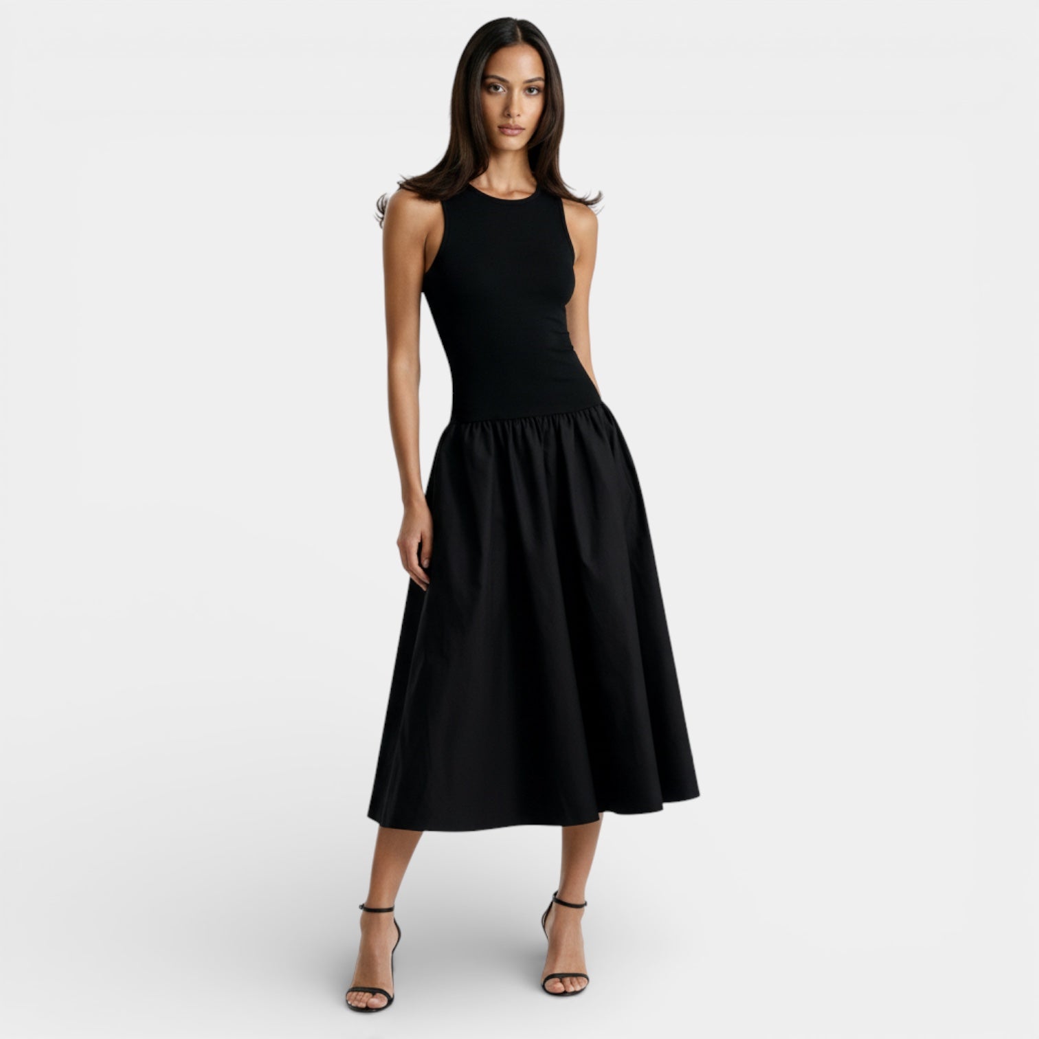 Robe midi évasée sans manches à corsage côtelé