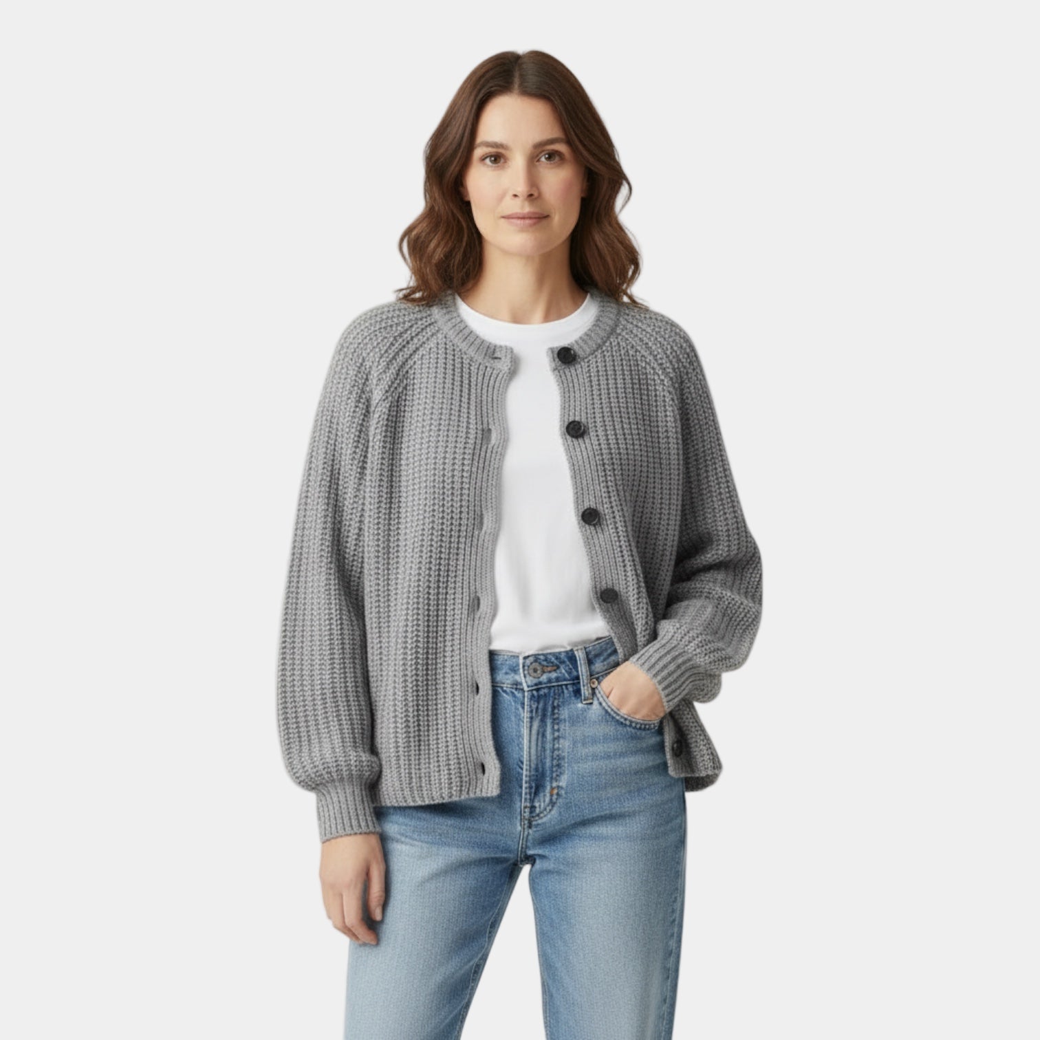 Cardigan pour femme en maille épaisse à motif nid d'abeille – boutons sur le devant