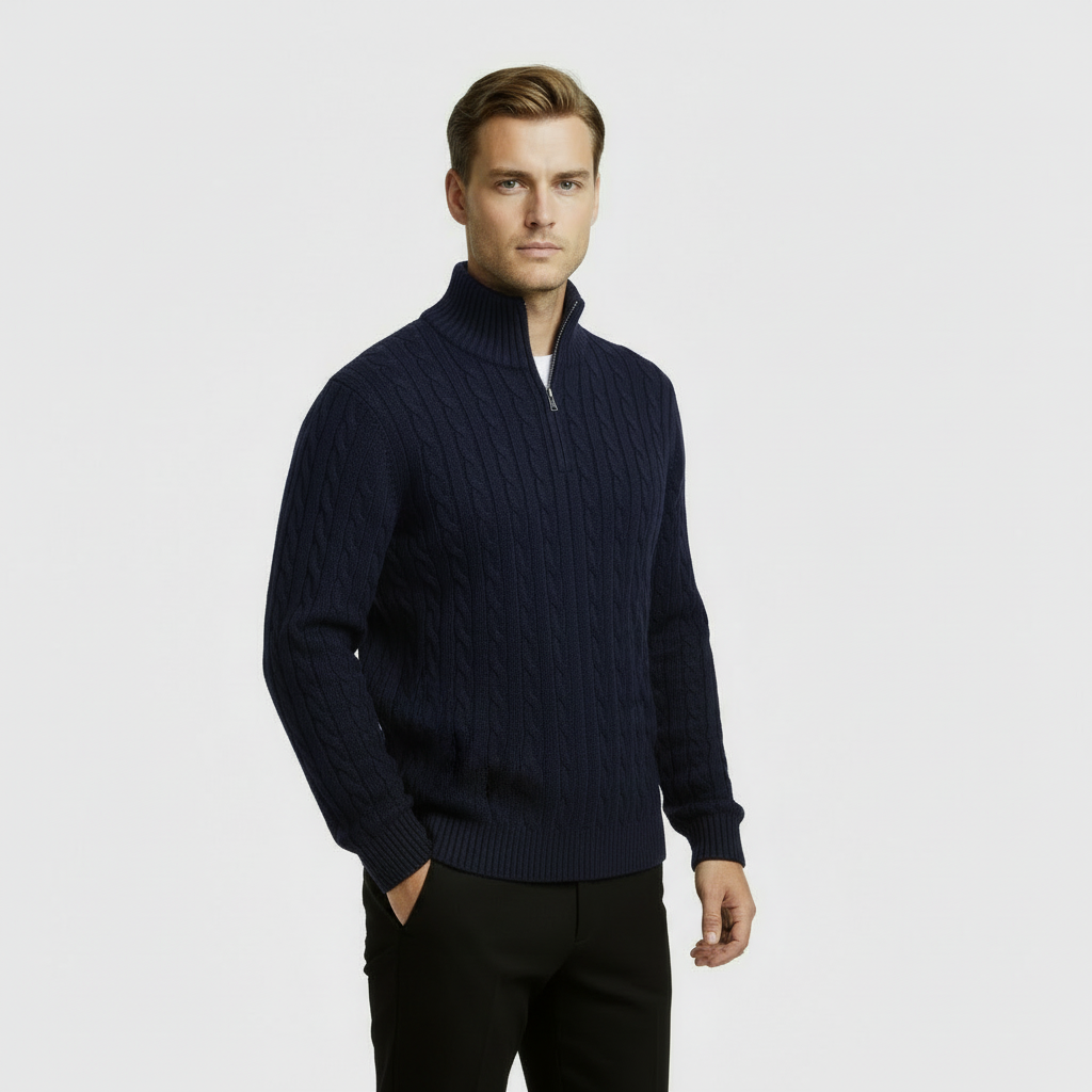 Pull pour homme en maille torsadée à zip demi-longueur