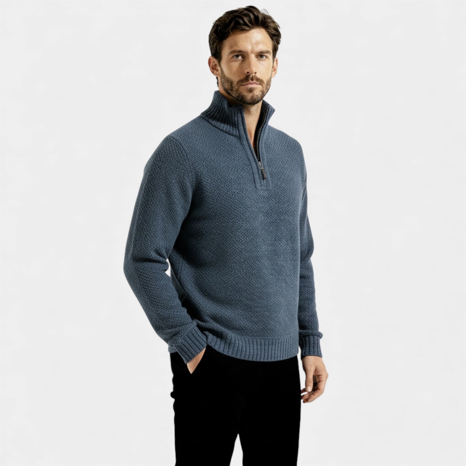 Pull homme en polaire texturée tricotée à fermeture éclair 1/4 — col montant