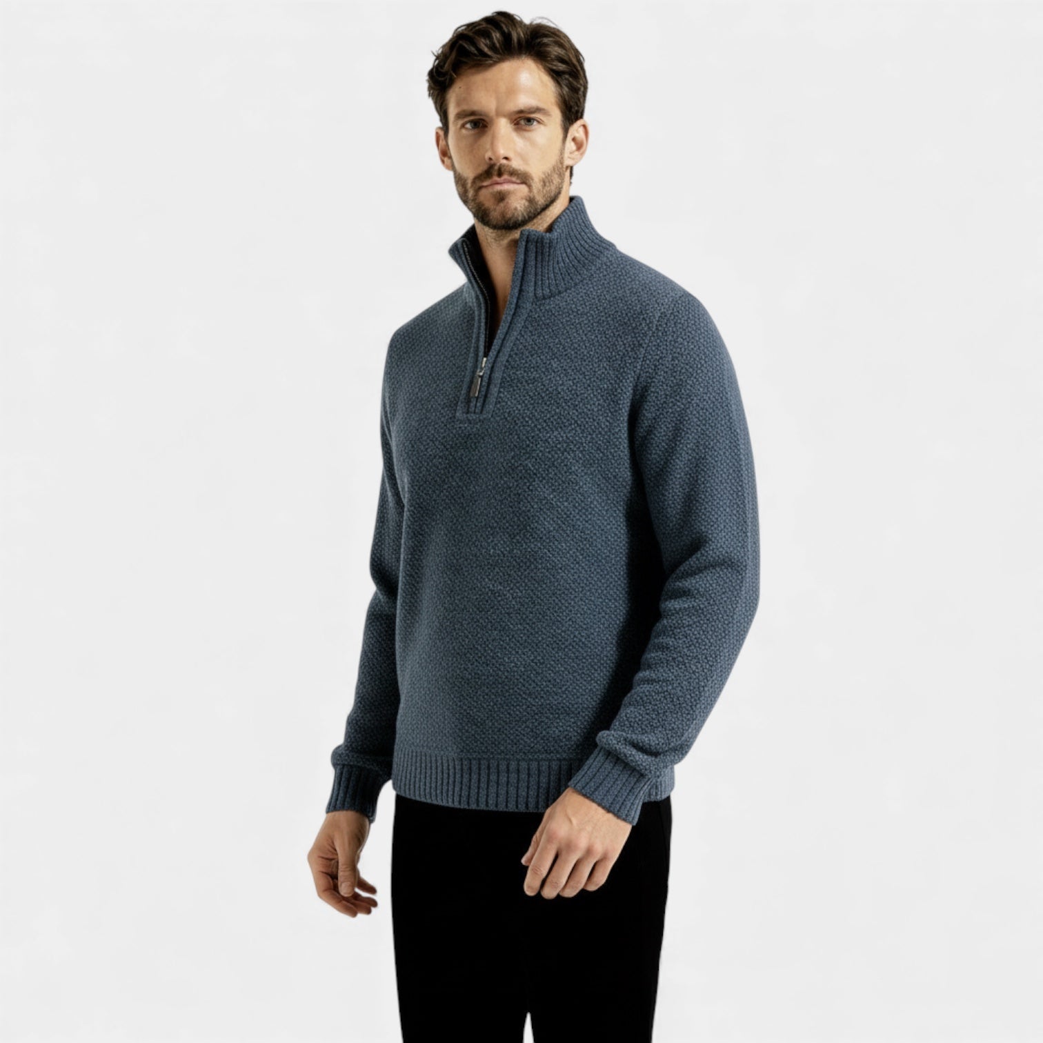 Pull homme en polaire texturée tricotée à fermeture éclair 1/4 — col montant