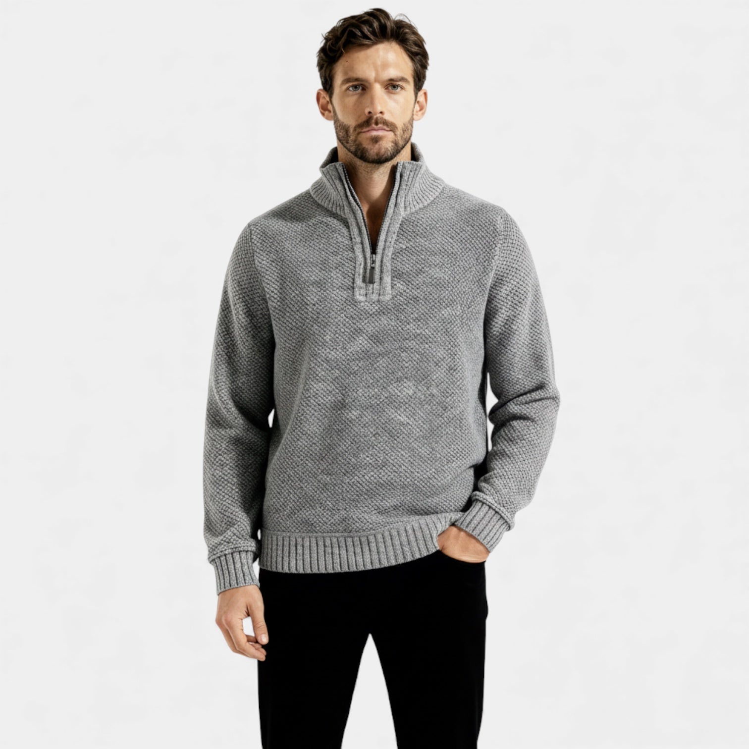 Pull homme en polaire texturée tricotée à fermeture éclair 1/4 — col montant