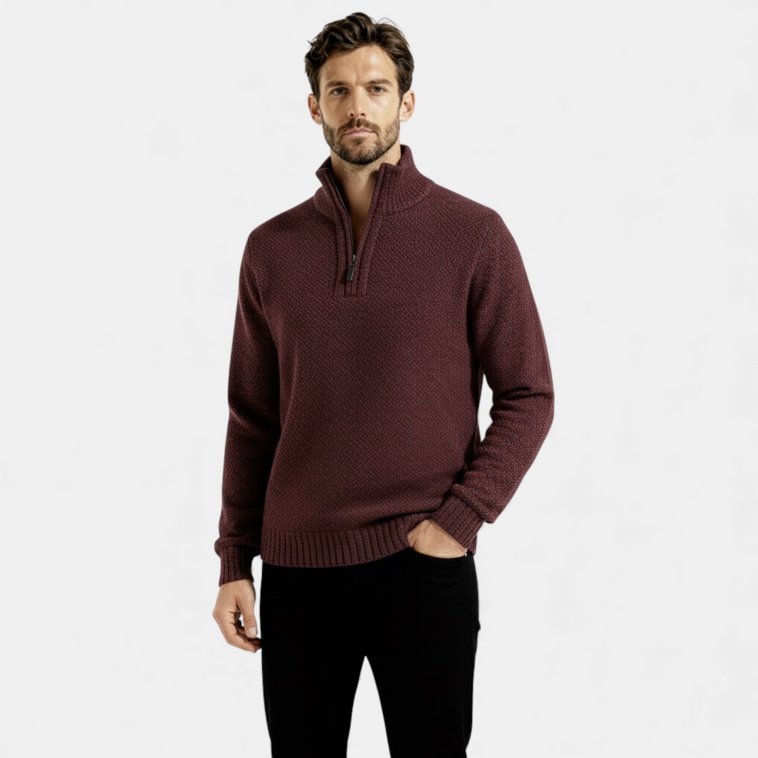 Pull homme en polaire texturée tricotée à fermeture éclair 1/4 — col montant