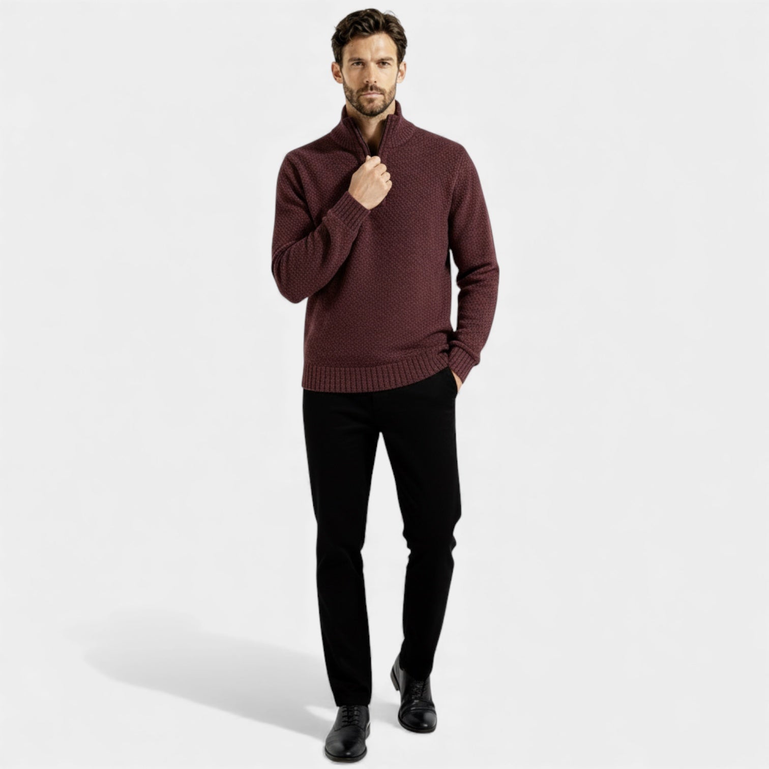 Pull homme en polaire texturée tricotée à fermeture éclair 1/4 — col montant