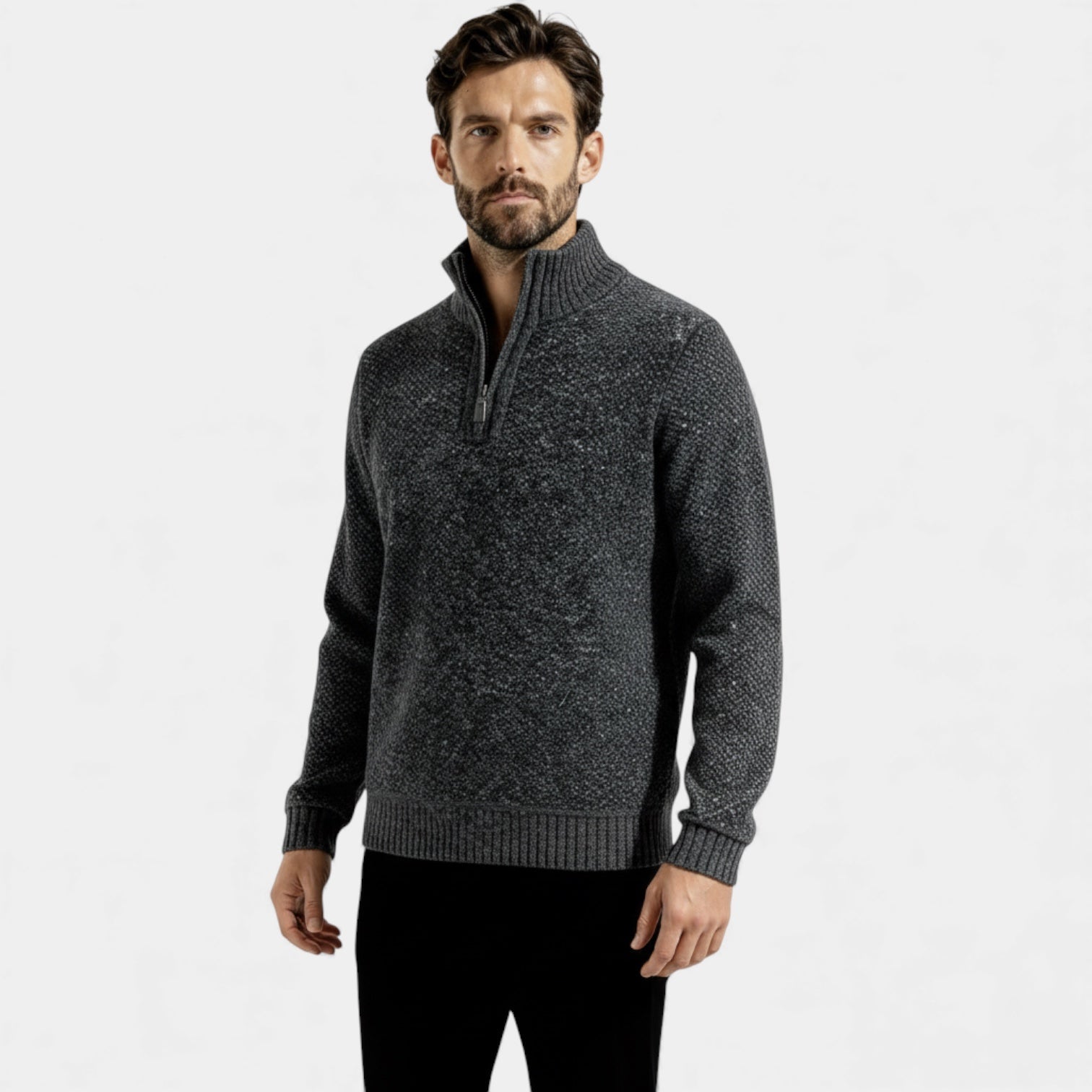 Pull homme en polaire texturée tricotée à fermeture éclair 1/4 — col montant