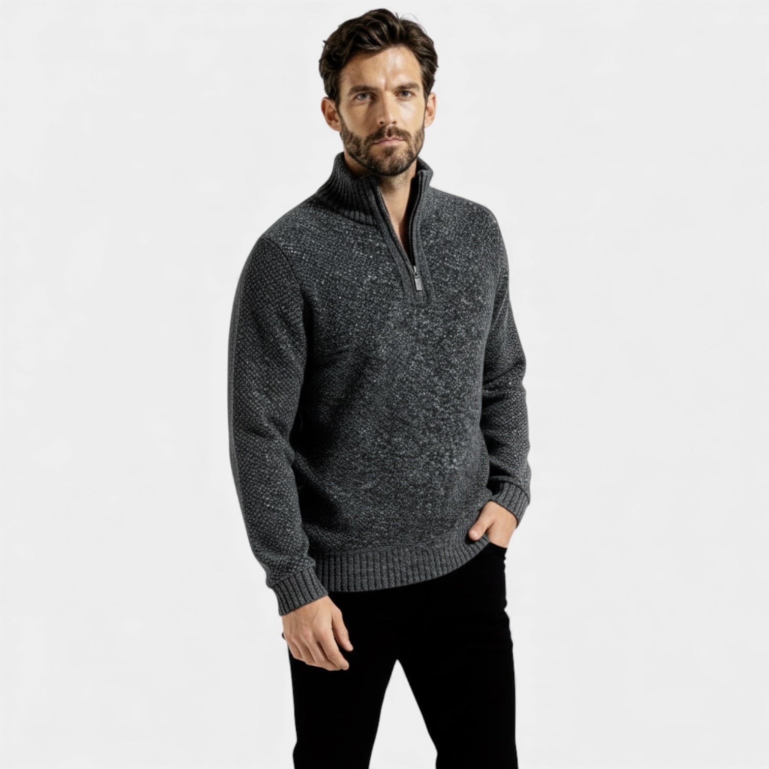 Pull homme en polaire texturée tricotée à fermeture éclair 1/4 — col montant
