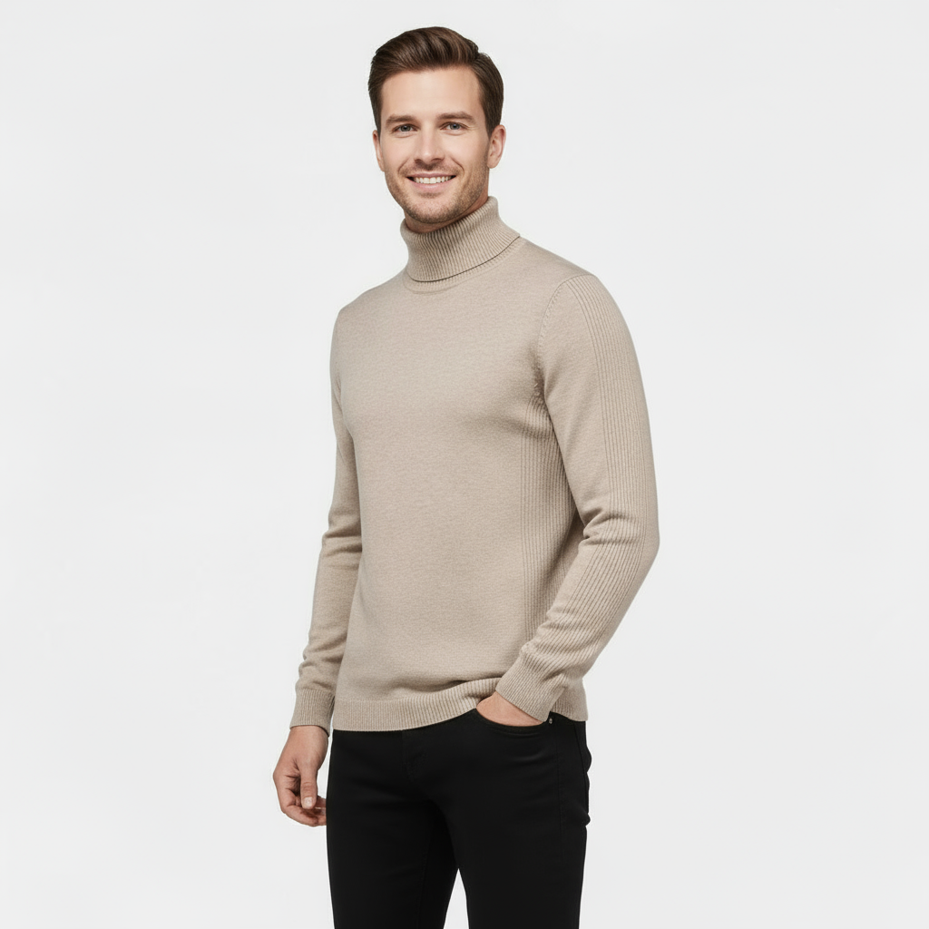 Pull homme en coton mélangé à côtes, col roulé – coupe slim en maille avec stretch